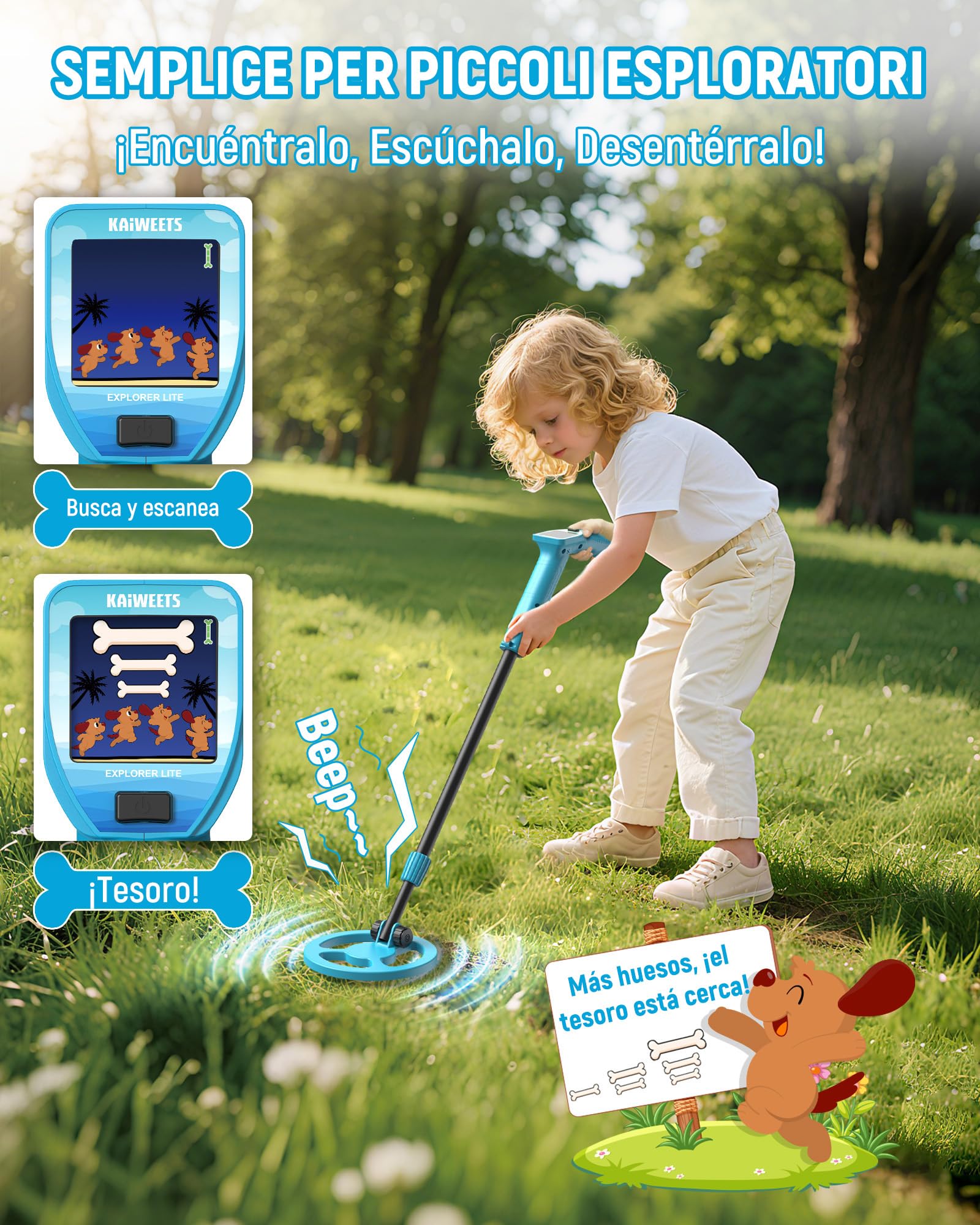 KAIWEETS Détecteur de Métaux 2025 Bleu, Écran LCD Couleur Animé, Tige Légère et Réglable, Kit de Chasse au Trésor Complet avec Sac à Dos, Pelle, Râteau & Pièces Bonus – Cadeau Parfait pour Noël, Anniv