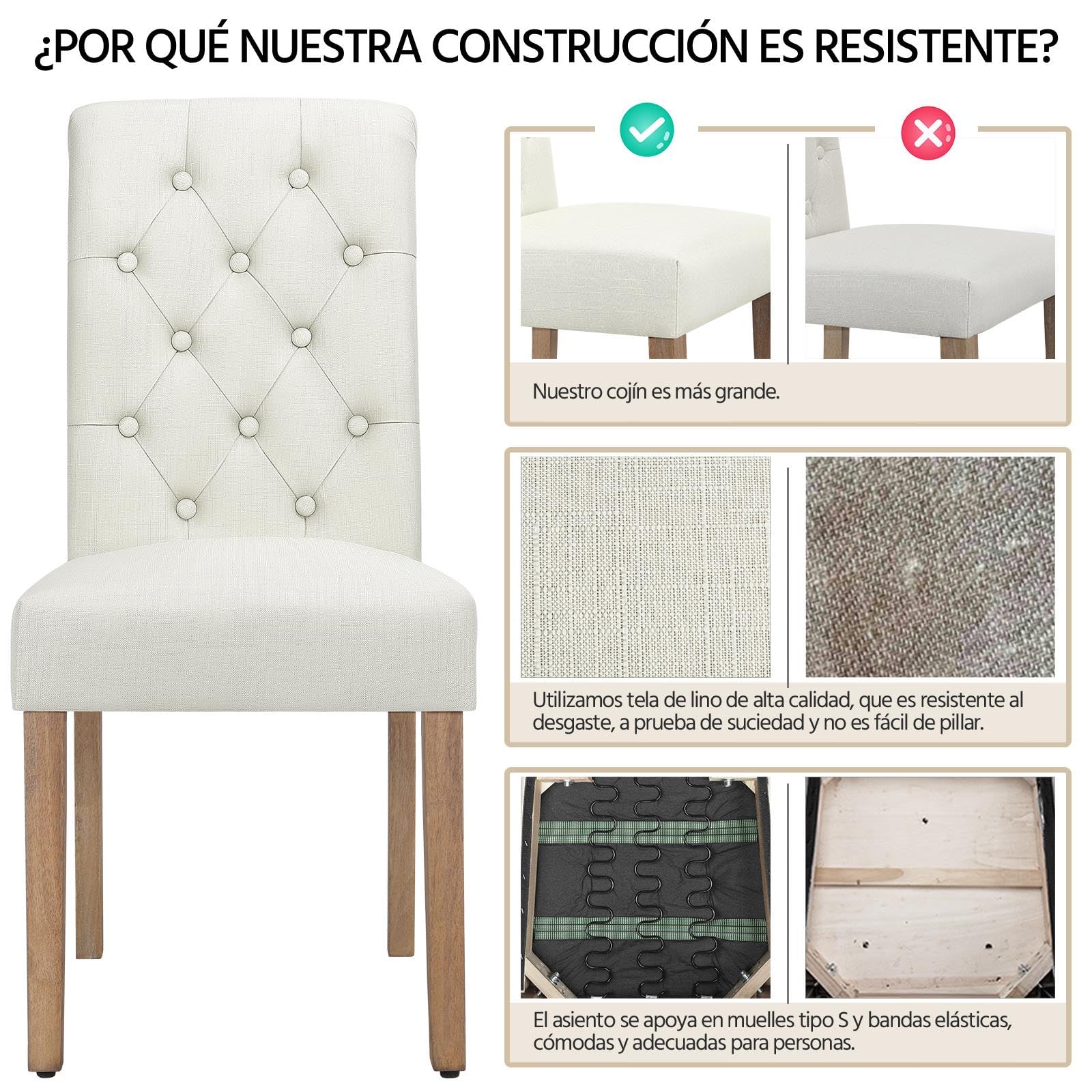 Yaheetech Set de 4 Piezas Silla de Comedor Clásico Patas de Madera Tapizadas en Beige Ergonómicas y Robustas