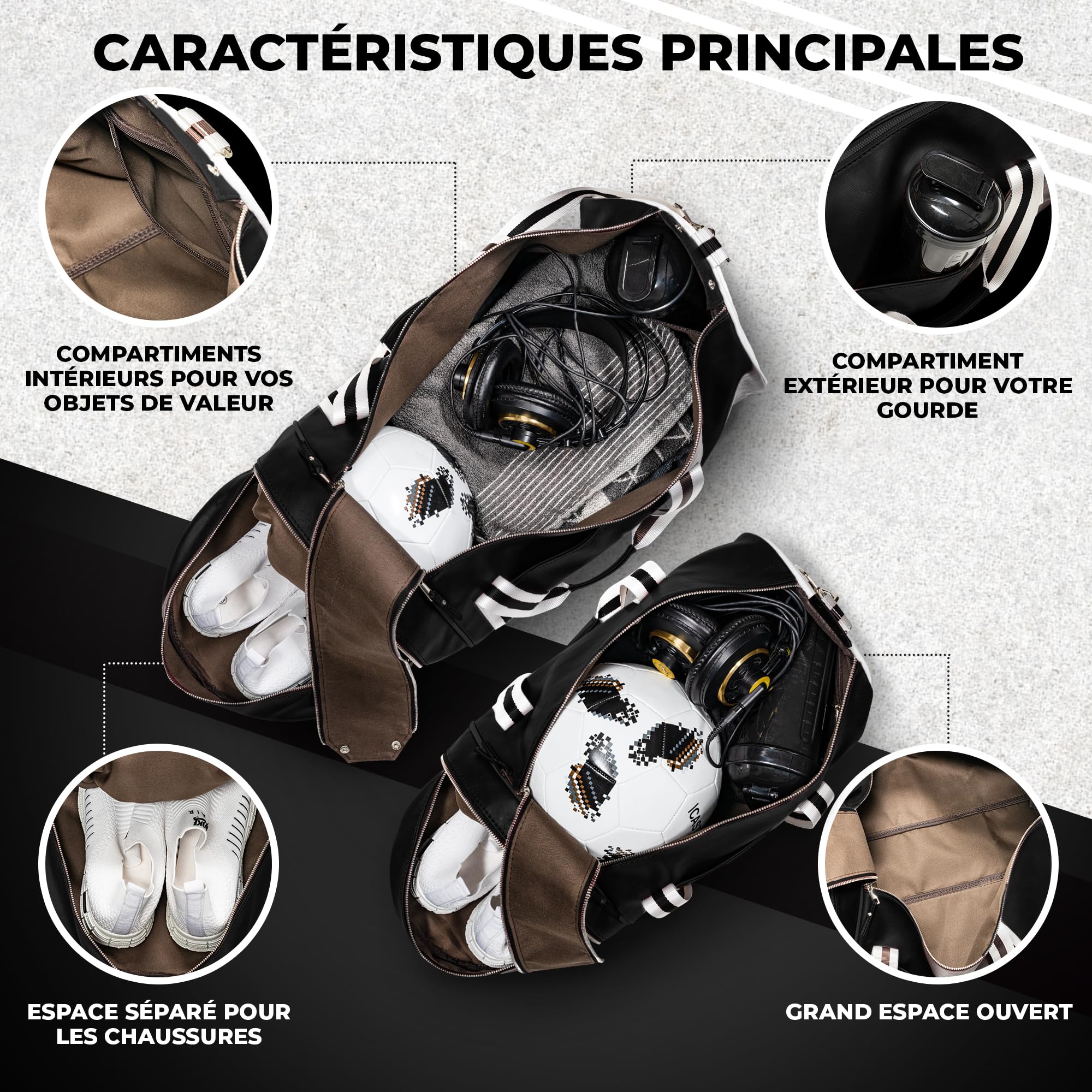 Sac de Sport Nolim-it® - Vintage - Simili Cuir - Sac bandoulière Homme - Pliable - Compartiment Chaussures - Sac Voyage Cabine - Résistant à l’Eau - 60x30x30cm - Medium 54L - Duffel Bag - Musculation