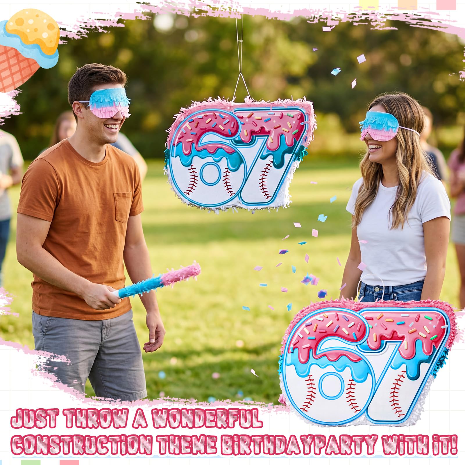 Soulchen Piñata sur le thème du baseball numéro 6 7 avec bâton de chauve-souris, bandeau pour les yeux et confettis pour décorations de fête d'anniversaire amusantes à thème Six Seven