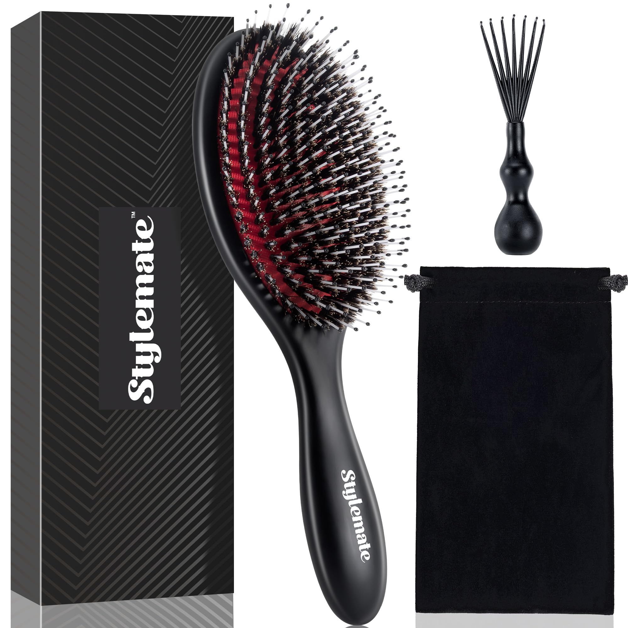STYLEMATE Boar Bristle Hair Brush for Women, Soft Boar Bristles and Nylon Pins for Thick & Fine Hair, Natural Wooden Paddle Smoothing Hairbrush for Detangling, Defining, Shine - Large