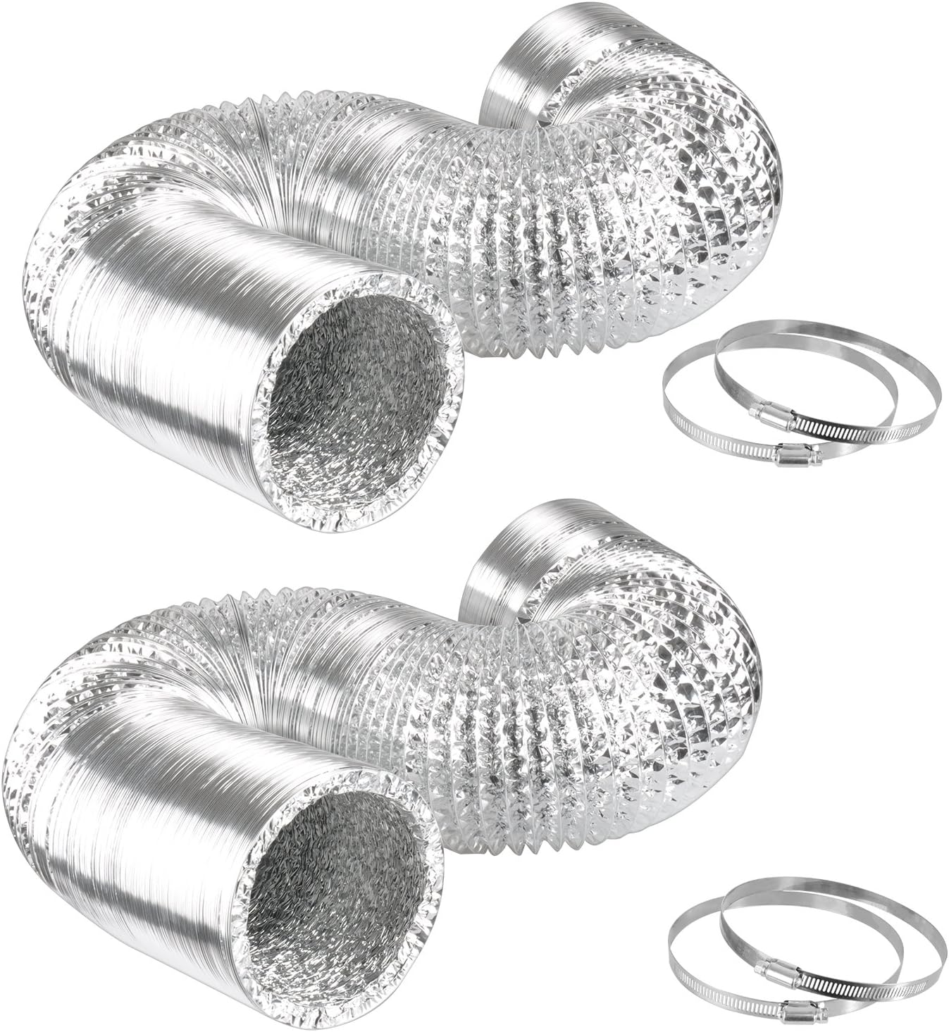 iPower GLDUCT8X25CX2 2-Pack 8 Inch 25 Feet Non-Insulated Flex Air Aluminum Ducting Dryer Vent Hose for HVAC Ventilation, 2 pack, 4 Clamps included
