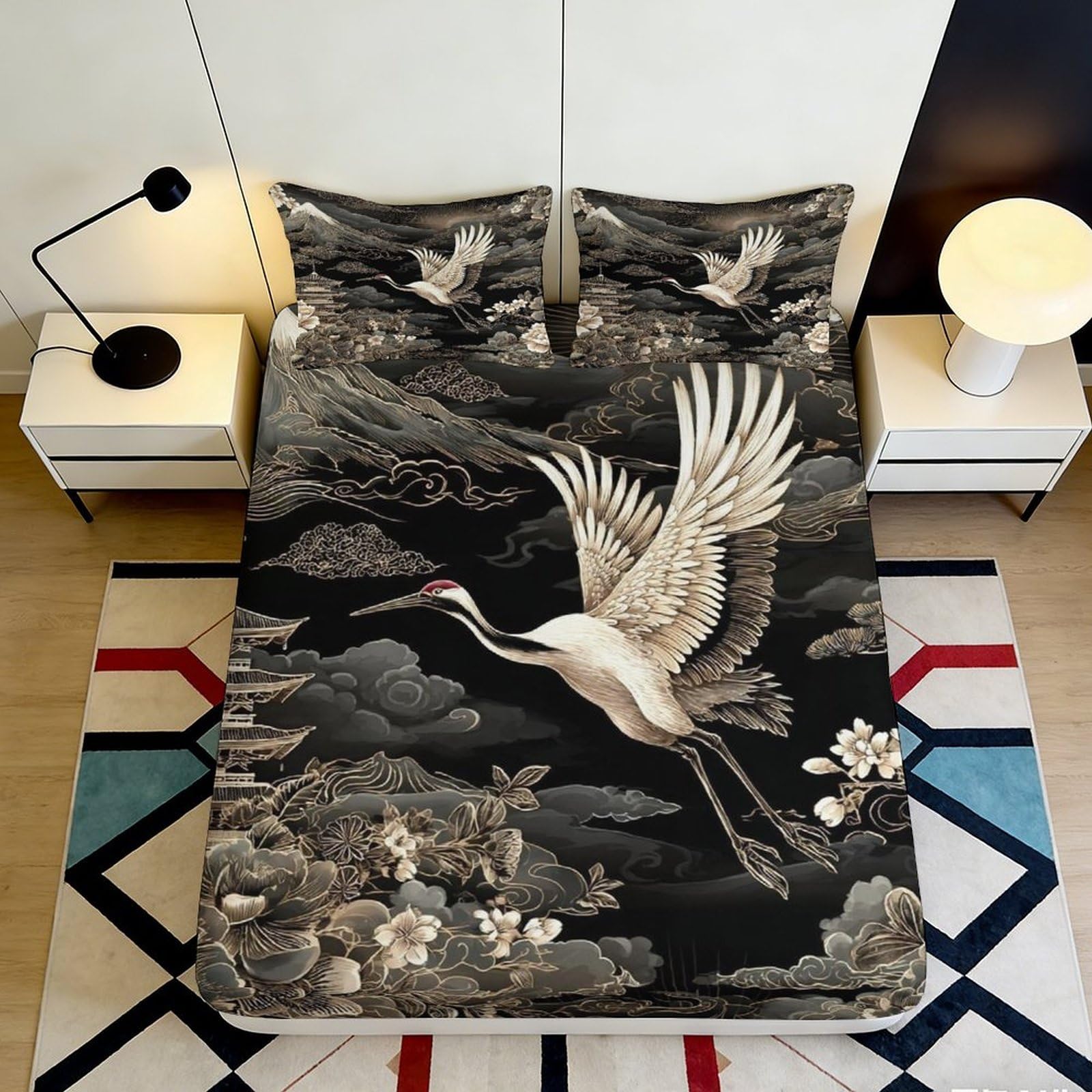 3D Printed Crane Bird Fitted Sheet Microfiber Black Oriental Floral Mattress Cover Anti-Slip Washable Bedroom Decor 140x200x25cm