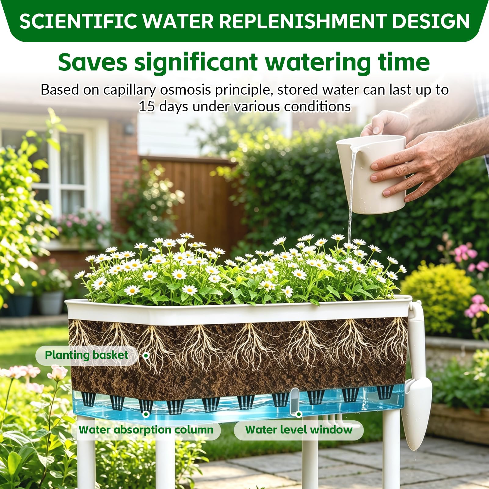 Jardinière surélevée avec roues - Jardinière à 3 étages - En plastique | 118,5 x 46,6 x 25,5 cm, étagère, jardinière avec crochet et roulettes, pour balcon, jardin, terrasse