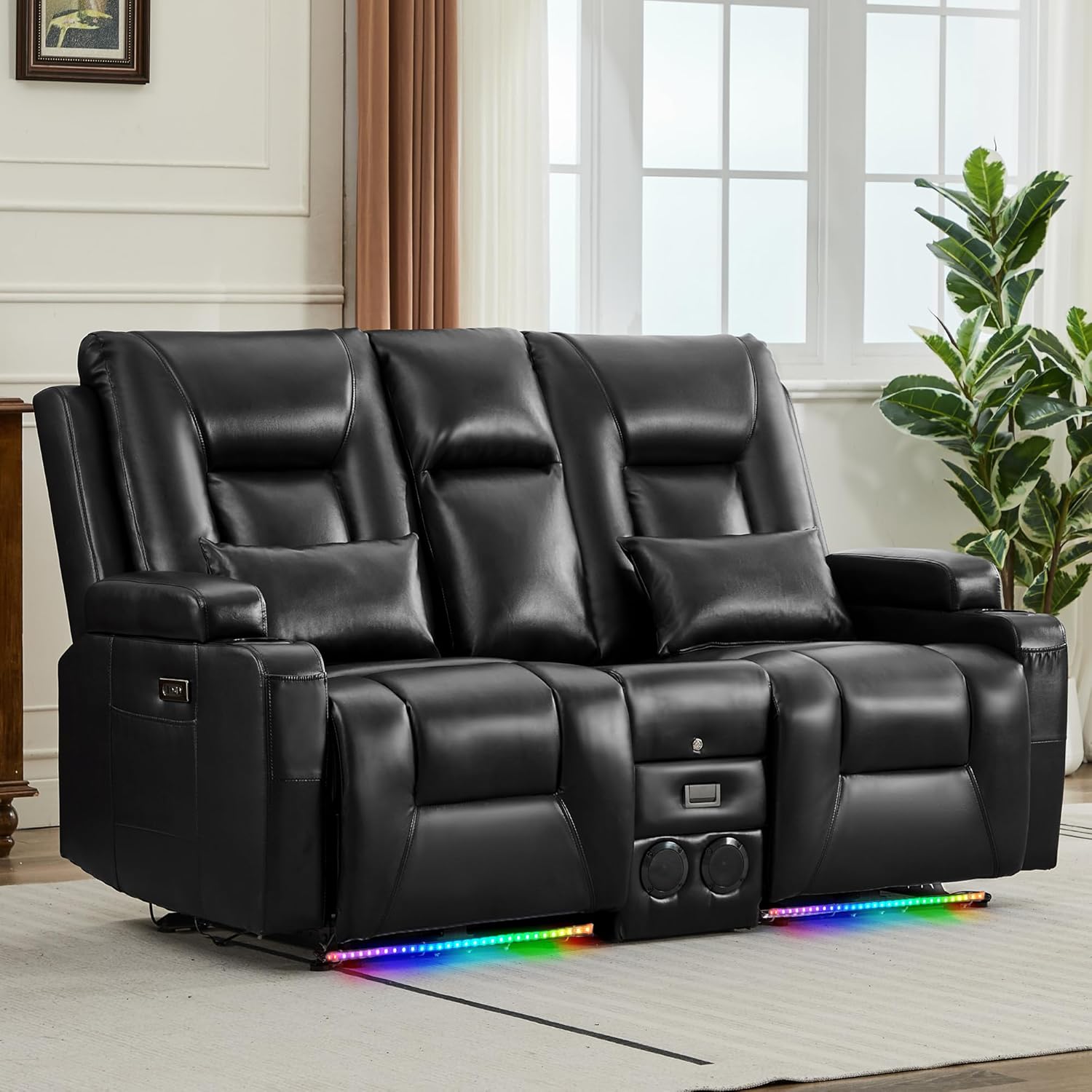 URRED Power Loveseat Recliner Sofa with Console, Wall Hugger Reclining Loveseat RV Couch with LED Light, 150° Zero Gravity Recliners Modular Couches for Living Room (Glossy Black, 68.1'' - 2 Seats)