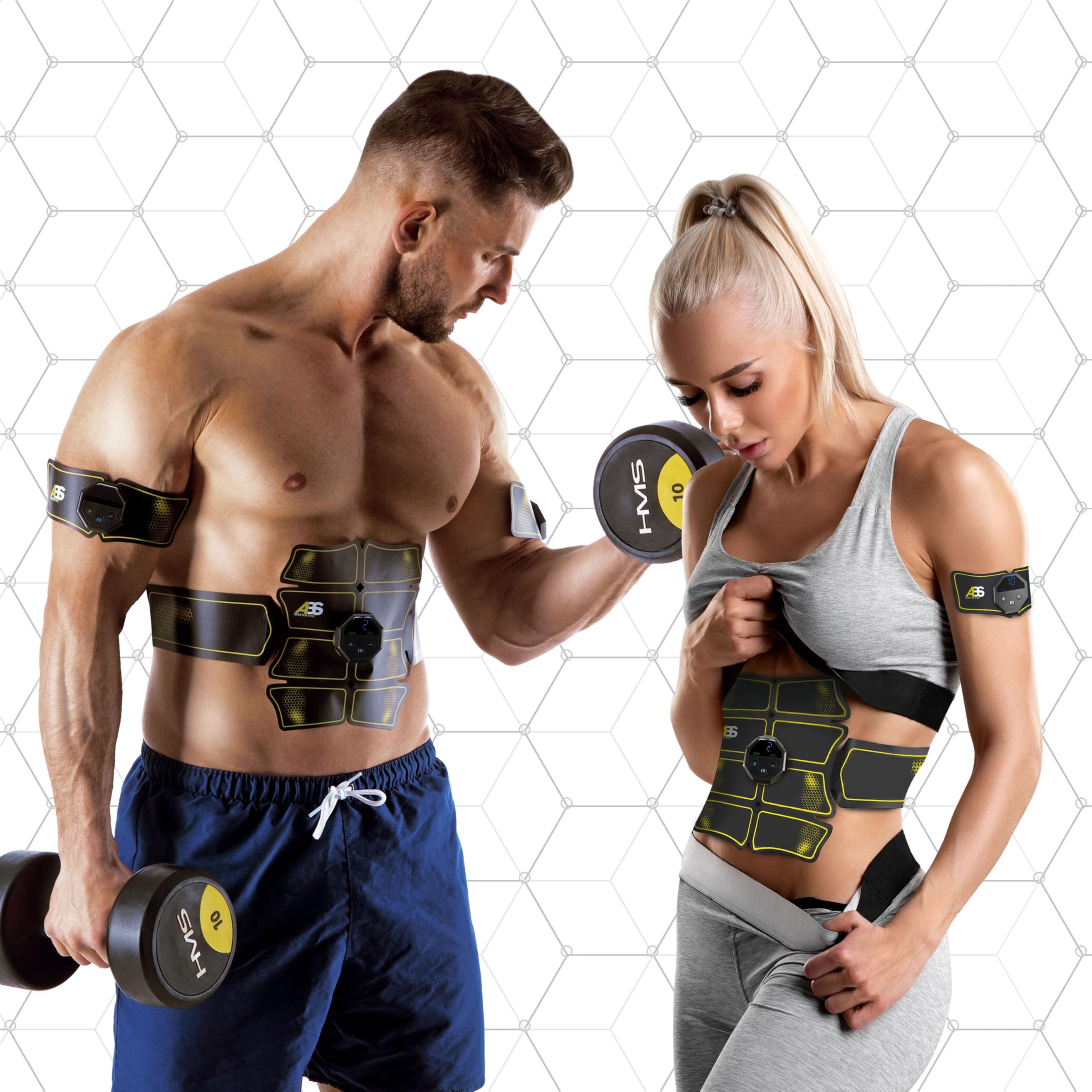 ABS Master Pro Super EMS Bauchmuskeltrainer Set | Elektrischer Muskelstimulator mit 3 Gürteln | 10 Programme & 20 Intensitätsstufen | Muskelaufbau, Regeneration & Massage | Für Damen & Herren