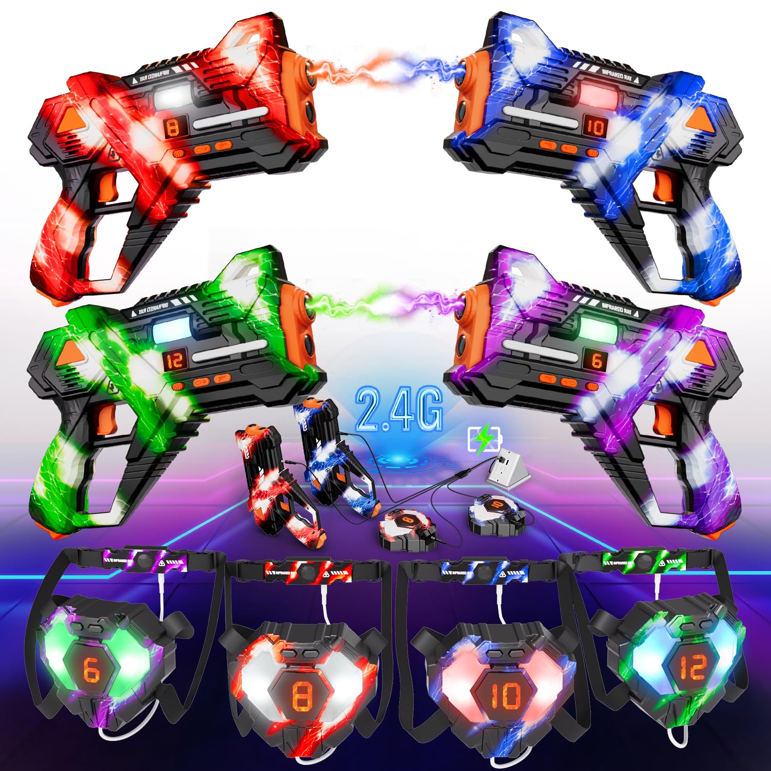 VATOS Rechargeable Laser Tag 360° Combat, 2.4GHz Data SYNC Display Laser Tag Gun with Vest and Back Target 4 Players