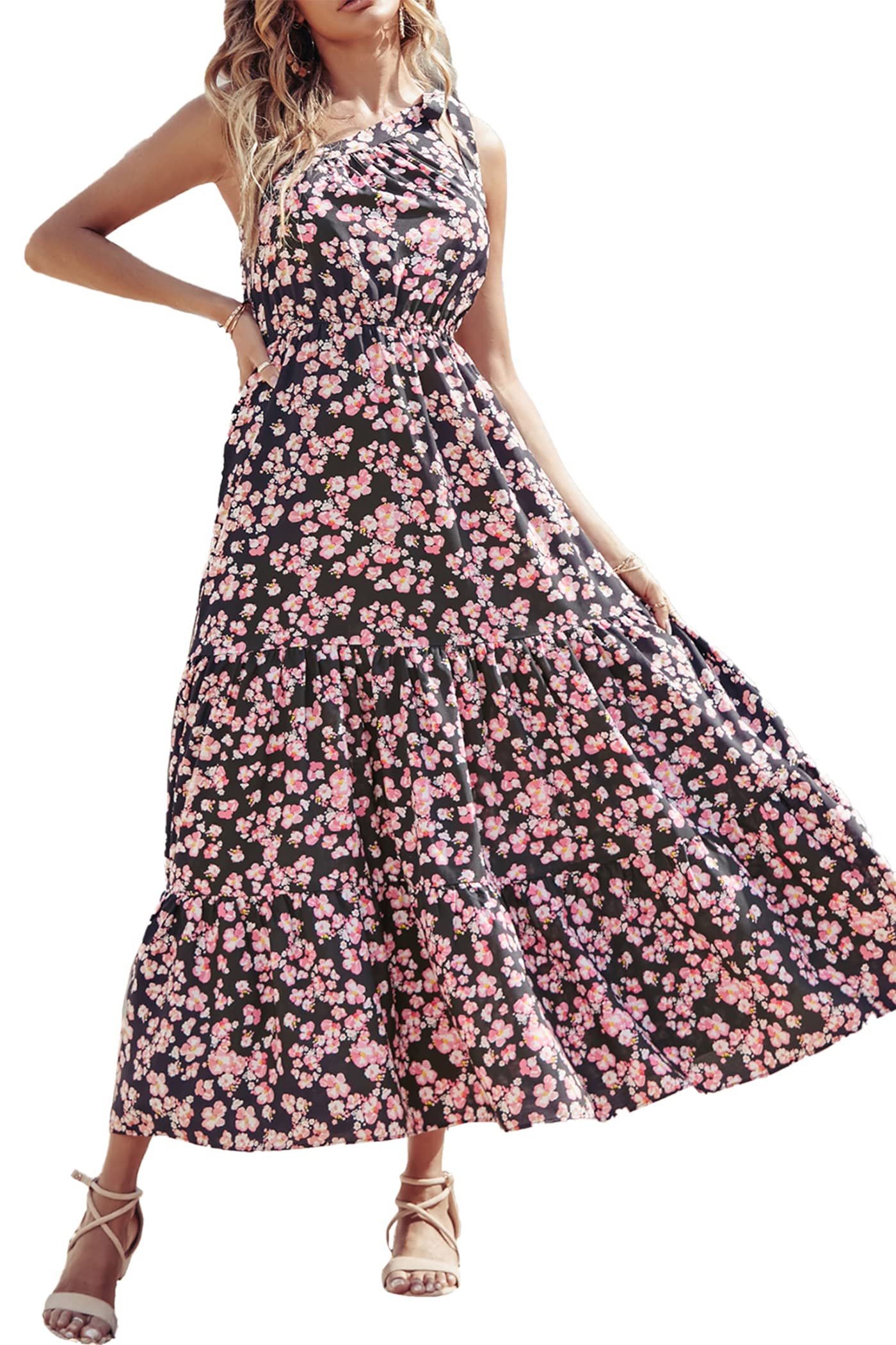 PRETTYGARDEN Women's Floral Summer Dress 2023 Knot One Shoulder Sleeveless Ruffle Hem Flowy Boho Maxi Dresses(Black Pink,Large)