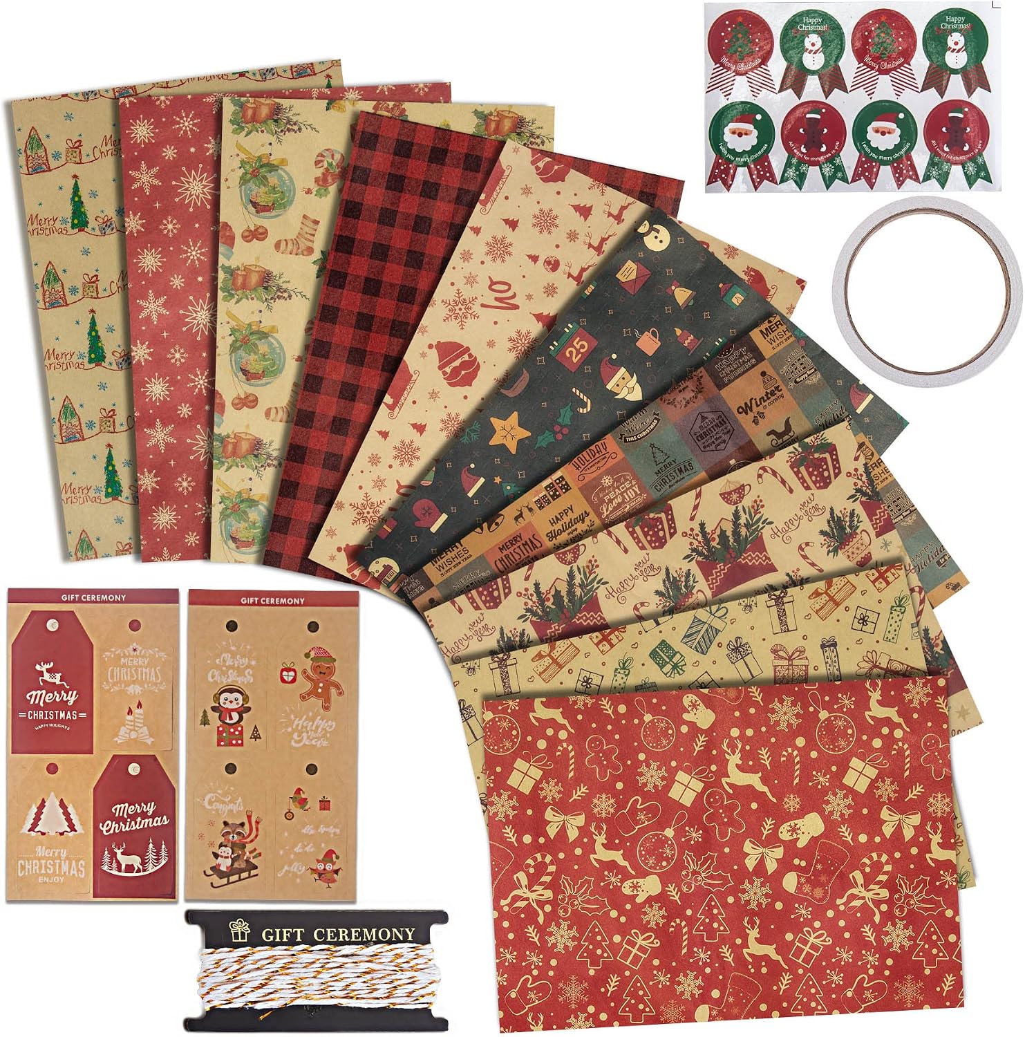 Larcenciel Christmas Wrapping Paper w/Christmas Gift Tags, Santa Claus Stickers & Ribbons, 10 Pcs Xmas Gift Wrap Paper Set, Vintage Kraft Wrapping Paper Brown for Holiday, New Year, Winter Party Decor image 2