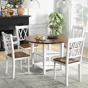COSTWAY 5-Piece Mid-Century Modern Extendable Dining Table Set with 2-Tier Storage Shelf and High Backrest Chairs