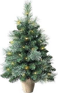 Pre-lit Mini Artificial Christmas Tree 60cm/2ft,68 PVC Branches Tips & 17 Flowering Pine Needles & LED String Lights & Burlap Wrapped Base Green Xmas Tree for Tabletop