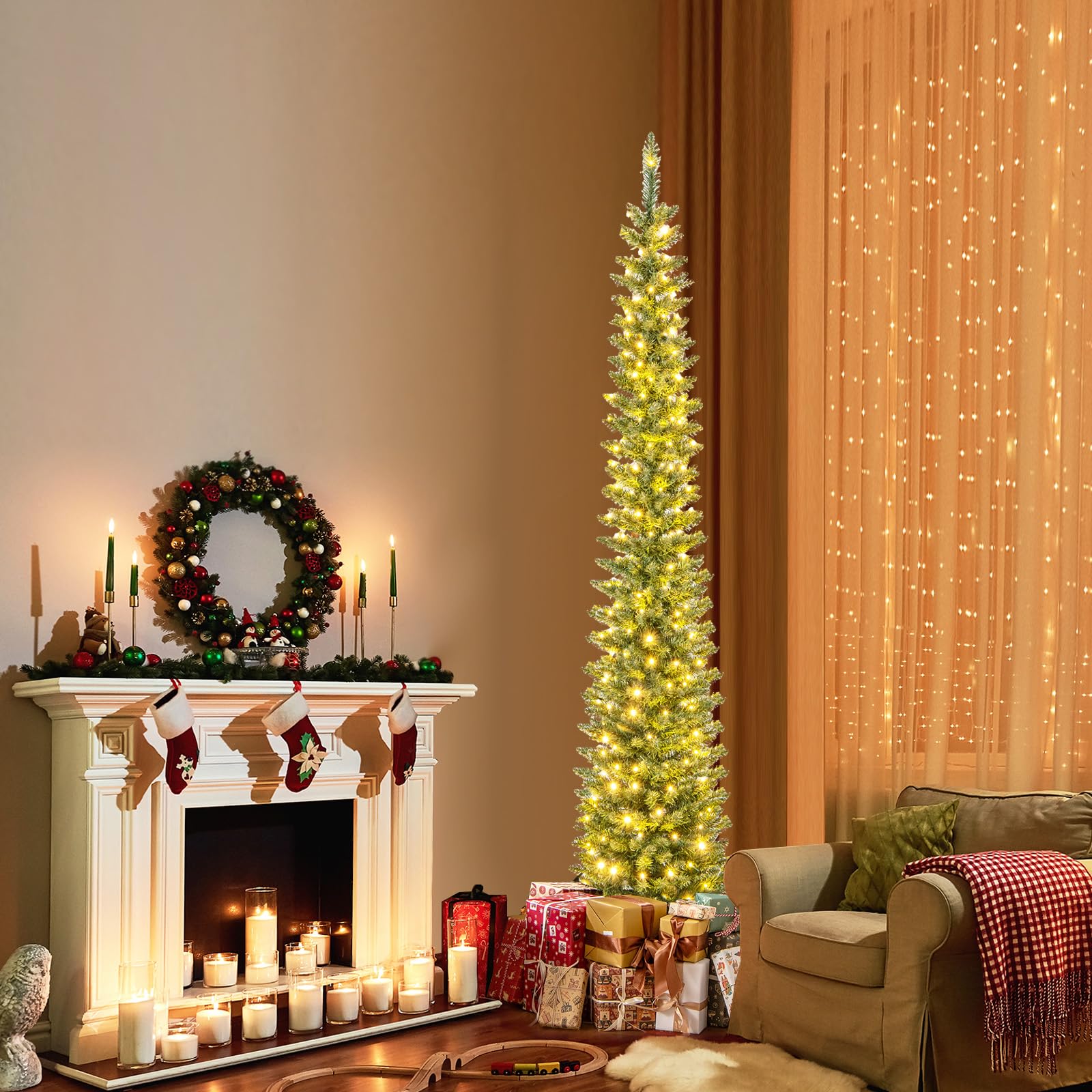 COSTWAY Arbol de Navidad con Luces Incorporadas 210 CM, Arbol de Navidad Slim/Estrecho, 499 Puntas, 200 Luces LED Blancas Cálidas, Arvore de Natal Casa Oficina Escuela Tienda
