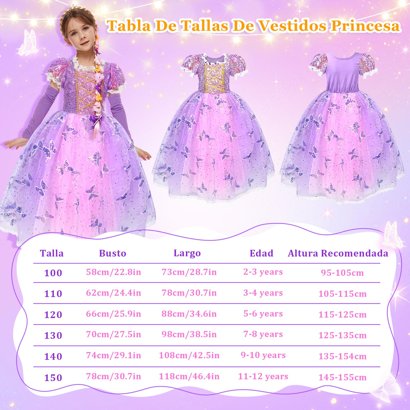 Herenear Disfraz Rapunzel Niña, Vestido Princesa para Niños de 3-12 Años, Niña Disfraz de Princesa con Accesorios Vestido de Princesa Tul Cumpleaños Fiesta Cosplay Navidad Carnaval Vestidos