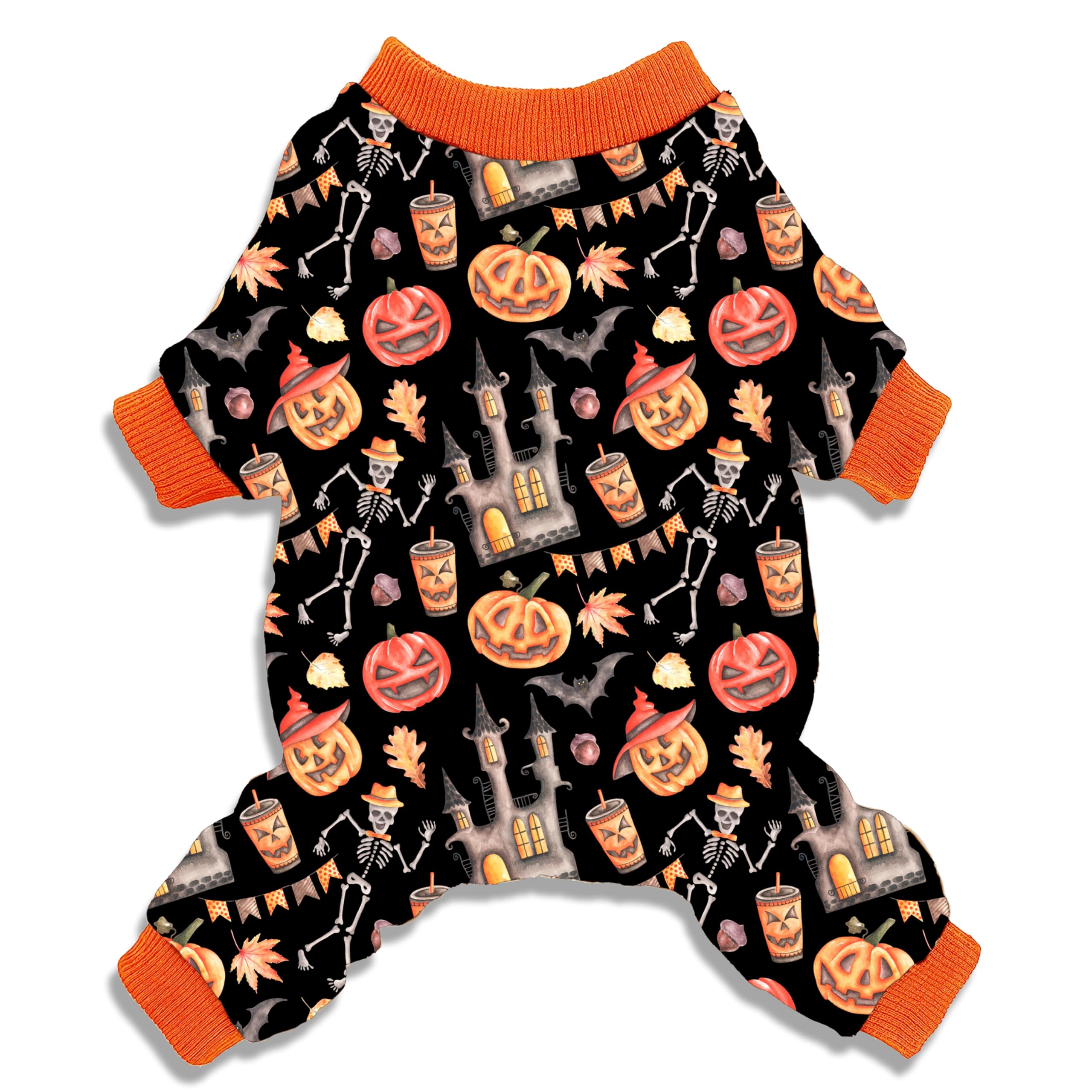 Halloween Dog Pajama, Holiday Cat Skull & Pumpkin Clothes Cat Apparel Shirt Jumpsuits with Sleeves for Boys and Girls Small Pet Puppies Doggie