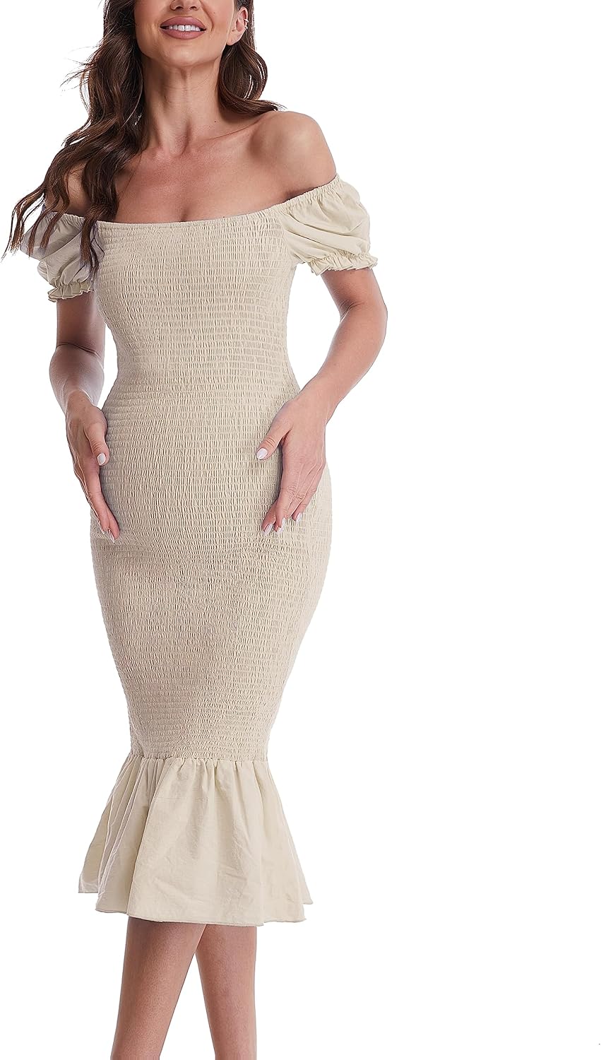 Maternity Summer Midi Bodycon Dresses, Short Puff Sleeve Square Neck Ruffle Hem Mermaid Baby Shower Dress - Image 2