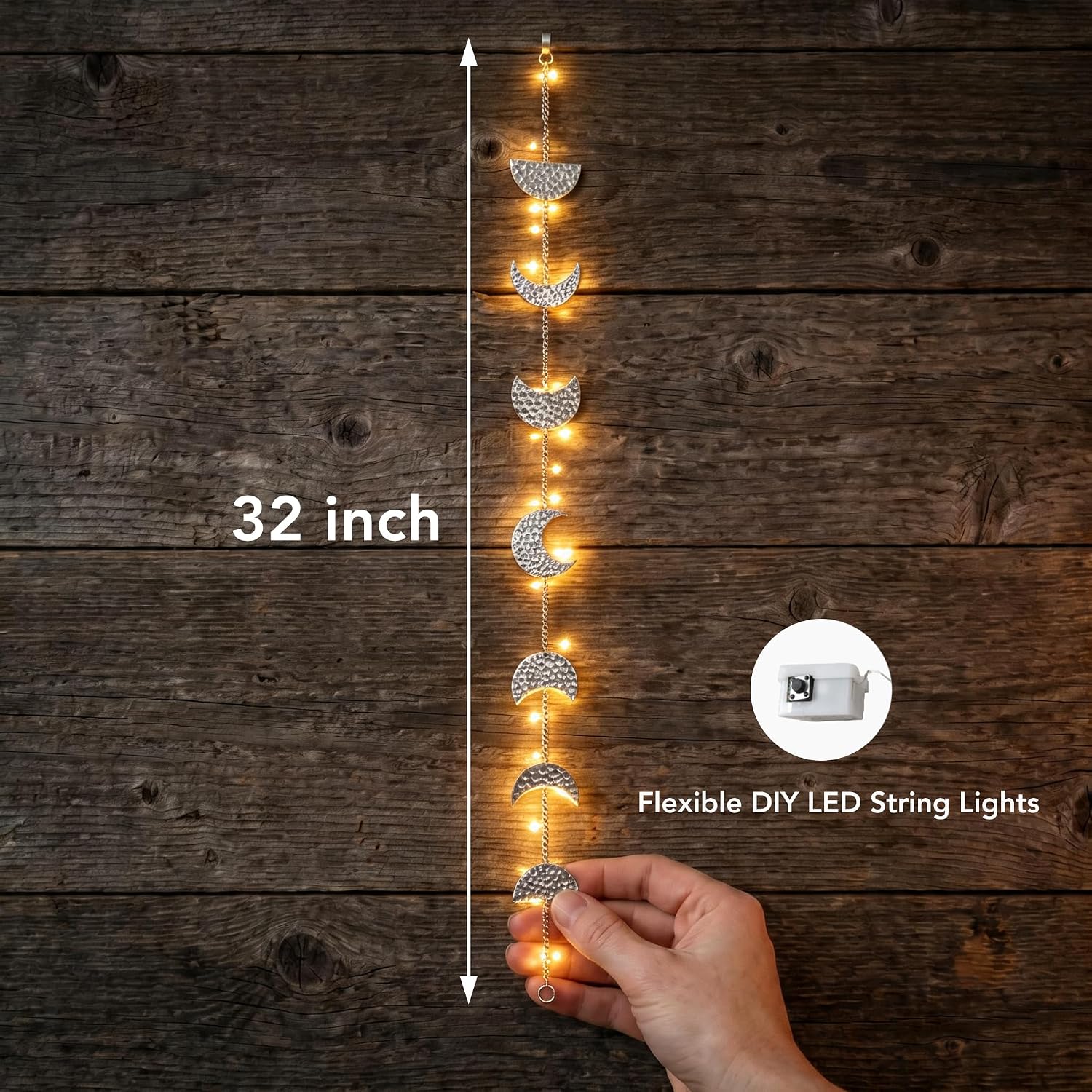 opulinea Moon Phase Wall Decor with LED String Lights, Silver Hammered Metal Celestial Wall Hanging