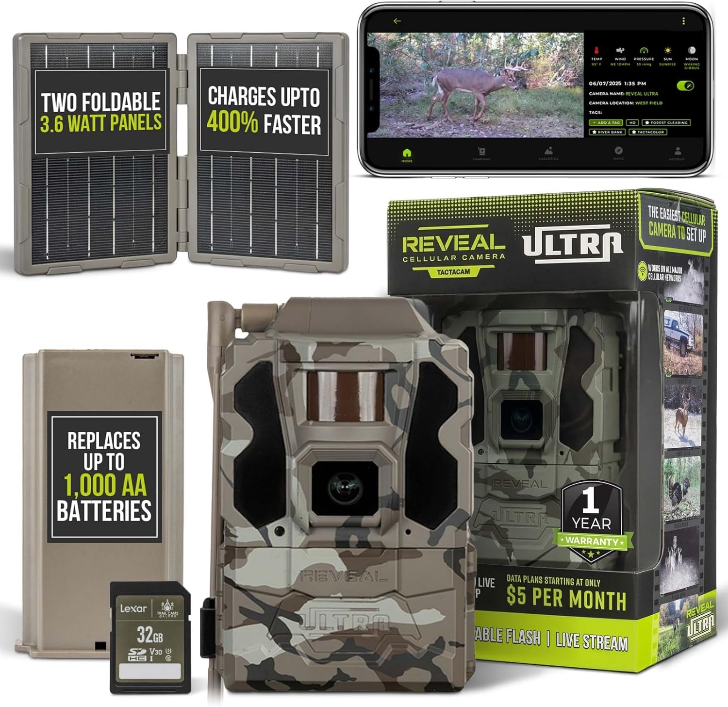 TACTACAM Reveal Ultra Cellular Trail Camera – 4K Photo, 1080P Video, Live Streaming, GPS, Low-Glow/No-Glow Flash, LTE – Includes Folding Solar Panel, Rechargeable Battery & 32GB SD Card