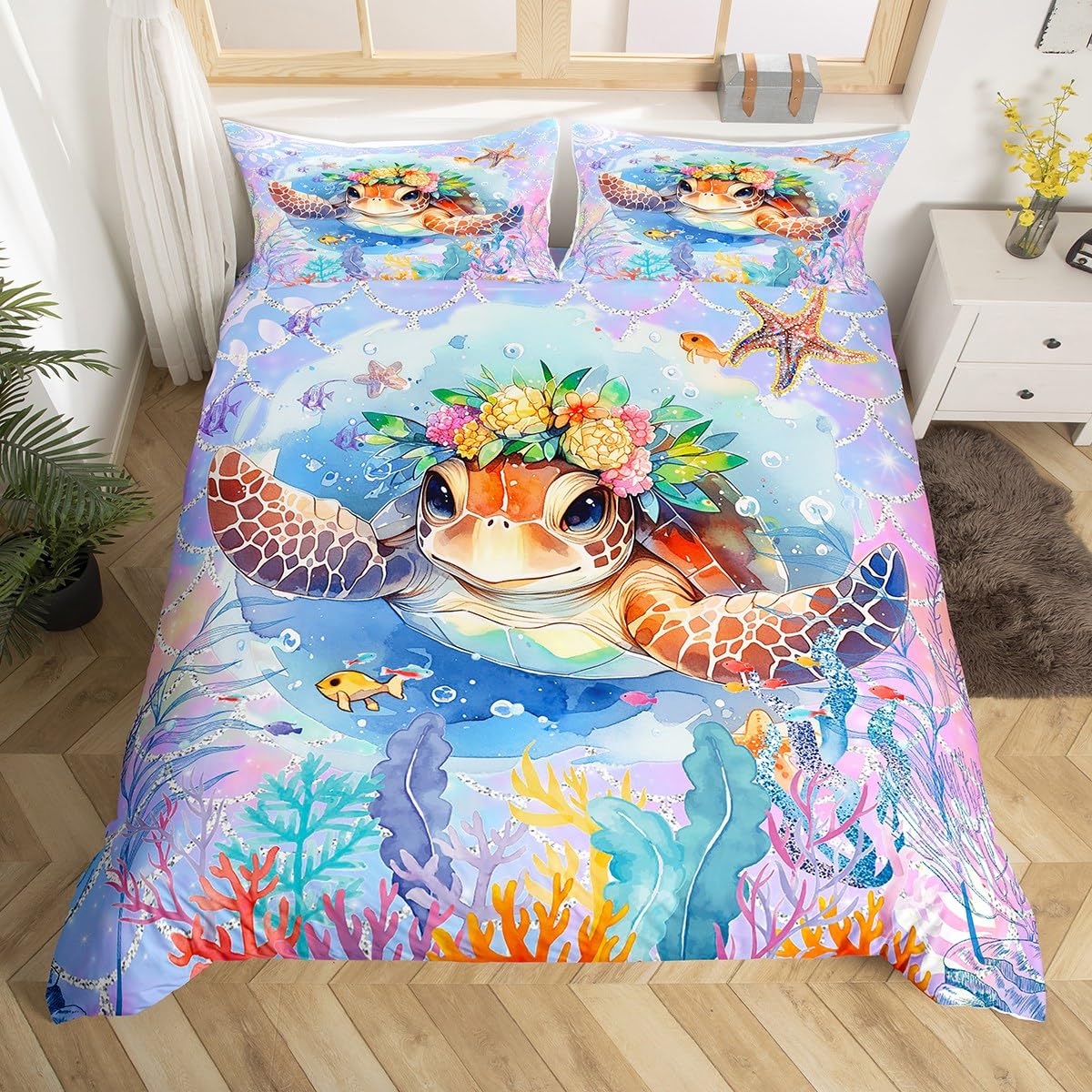 Housse de couette monde sous-marin violette avec taies d'oreiller imprimées