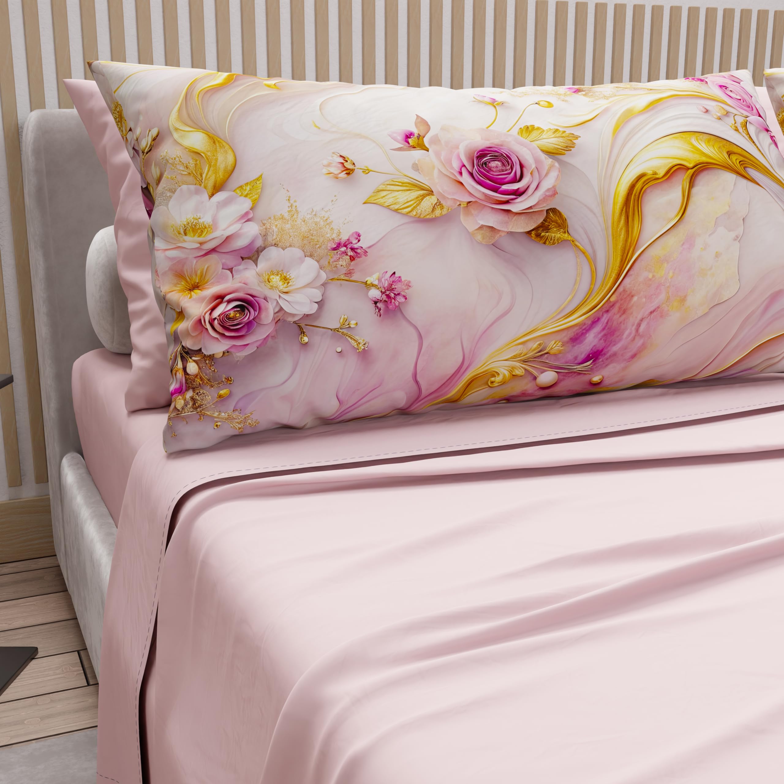 PETTI Artigiani Italiani - Lenzuola in Cotone con Federe in Stampa Digitale, Matrimoniale Maxi, Completo Lenzuolo Sopra e Sotto con Angoli, Floreale 06 6 Cipria Chiaro, 100% Made in Italy