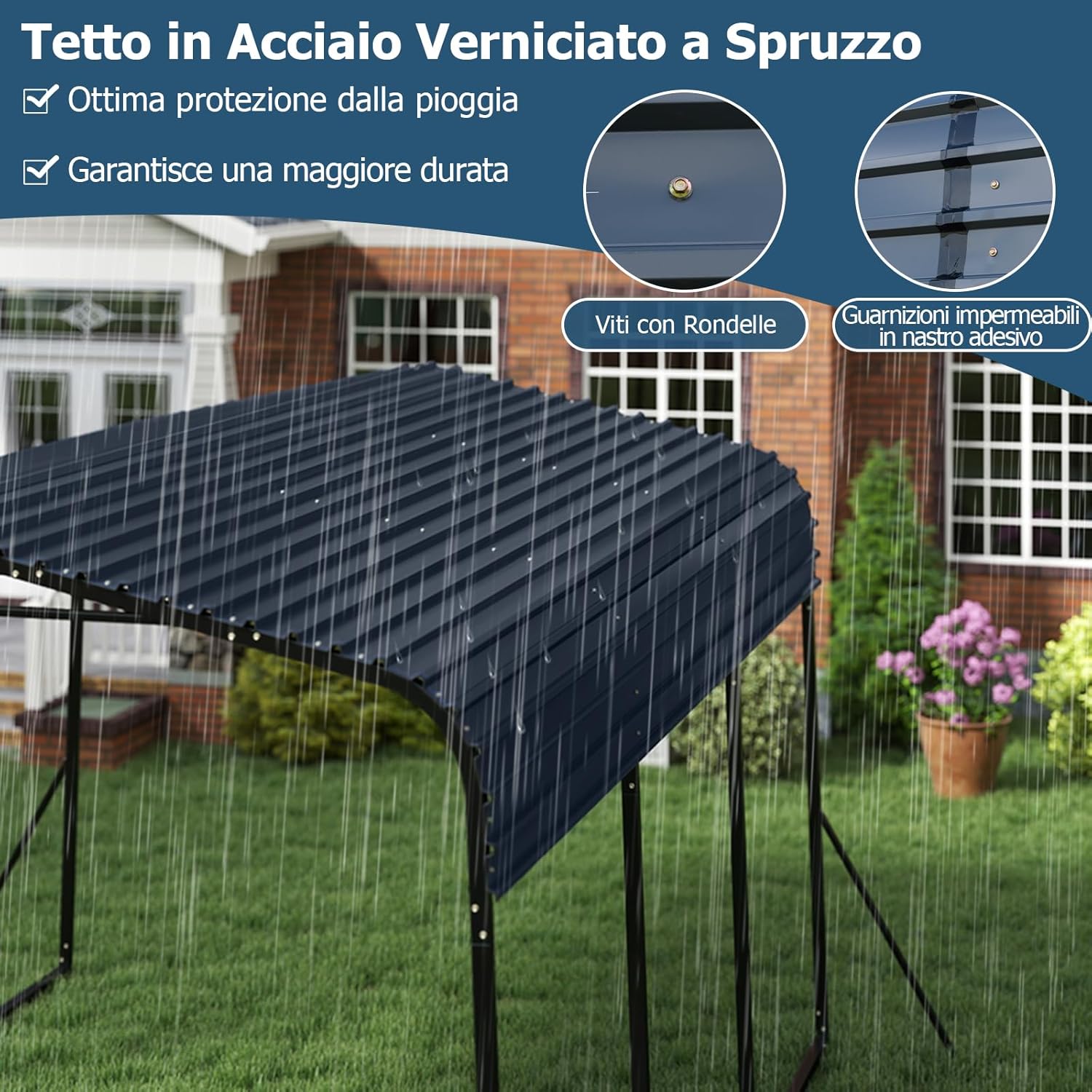 Close-up of the sprayed steel roof with details on screws with washers and waterproof tape.