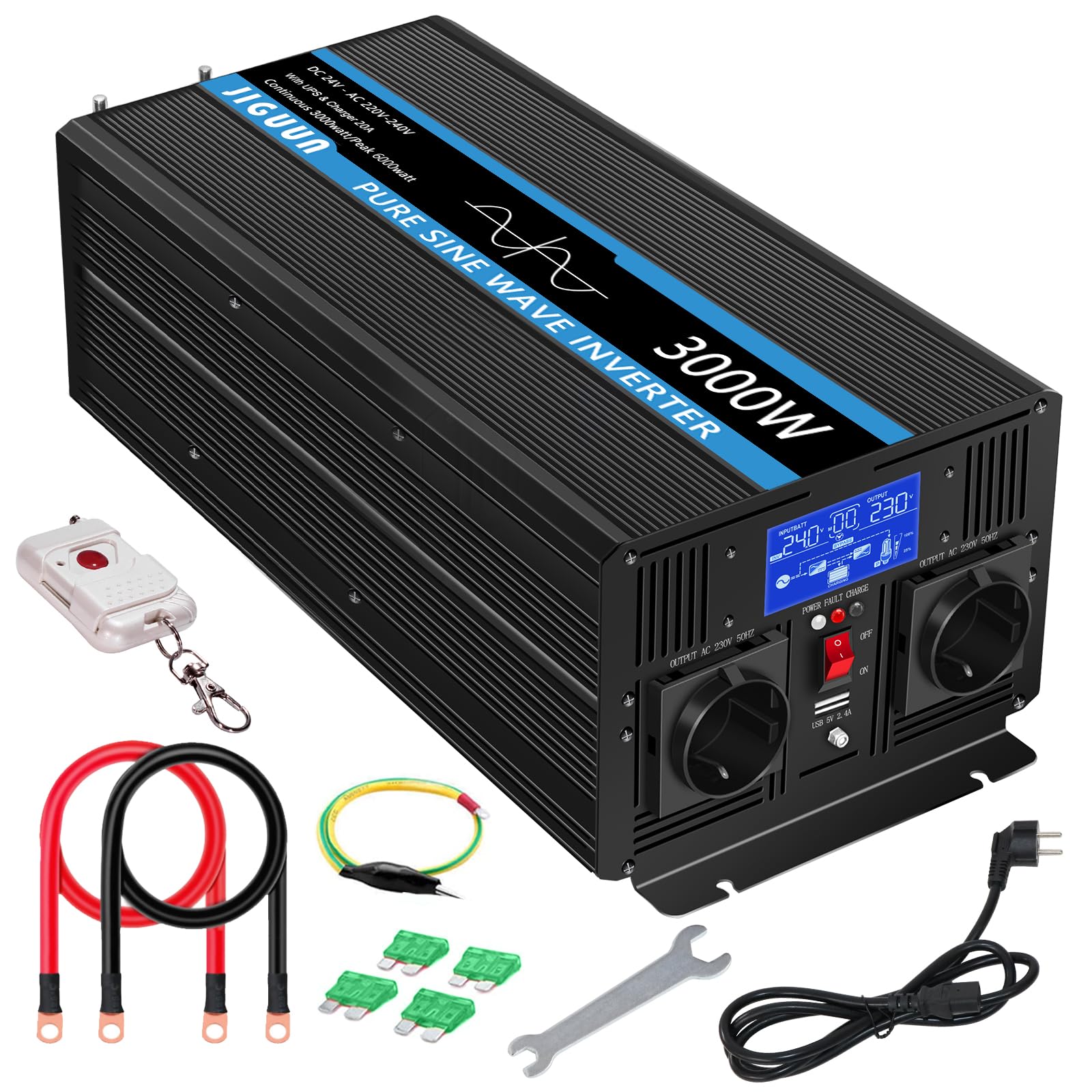 VEVOR Invertitore a Onda Sinusoidale Pura, 3000 W Invertitore di Potenza, DC 24 V a AC 230 V Invertitore per Auto con Schermo LCD Porta USB, Telecomando, per Camper Sistema Solare Viaggio