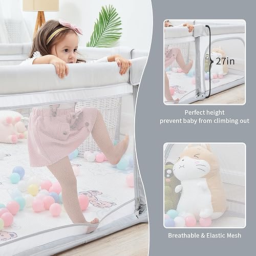 Miniatura 6 de Corralito plegable de 79 x 59 pulgadas para bebés y niños pequeños, corralito ajustable para niños pequeños de 1 a 3 años, patios de juegos para