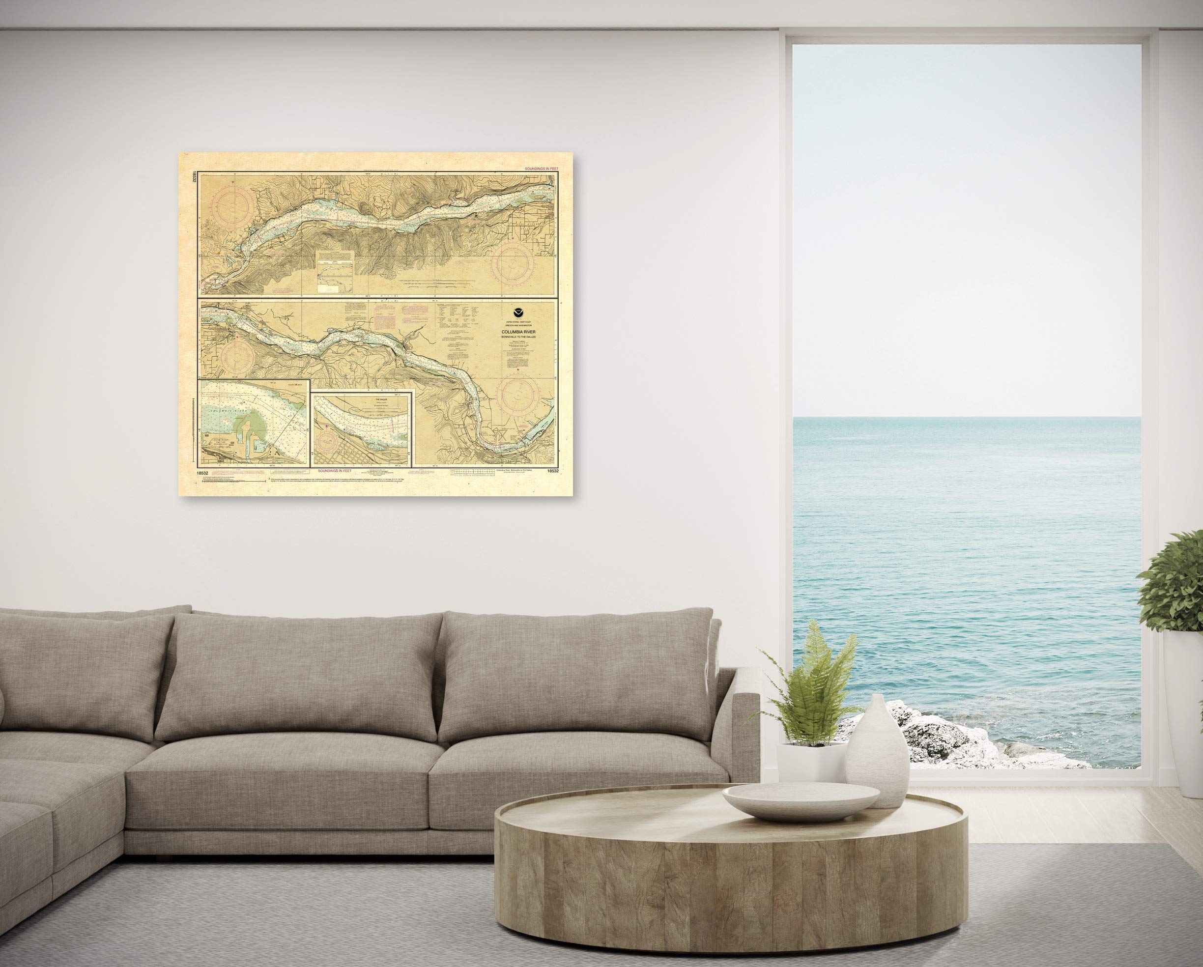 Paradise Cay Publications Antiqued NOAA Chart 18532: Columbia River Bonneville to The Dalles; The Dalles; Hood River