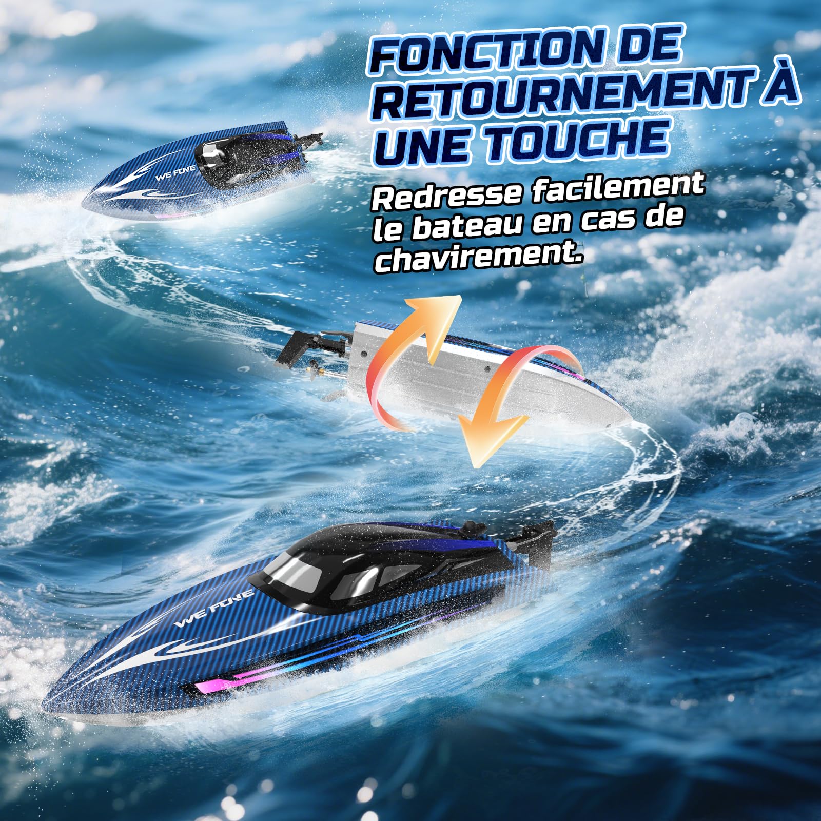 WeFone Barco teledirigido para adultos, 25+ KMH Fast RC Speed Boat con luz LED para niños, DEMO, WF17, ideal para piscinas y lagos de juguete, 2 baterías recargables durante 30-40 minutos (azul)