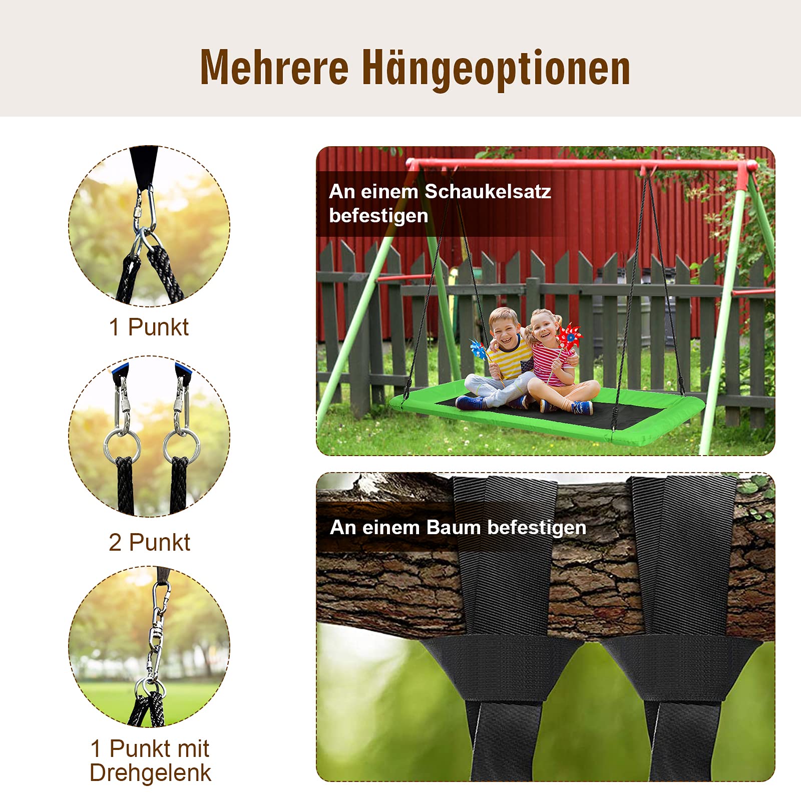 DREAMADE Nestschaukel, 100-180 cm höhenverstellbar, Baumschaukel bis 150 kg belastbar, Tellerschaukel für Innen & Außenbereich, Gartenschaukel für Kinder & Erwachsene, 150 x 80 cm (Grün)