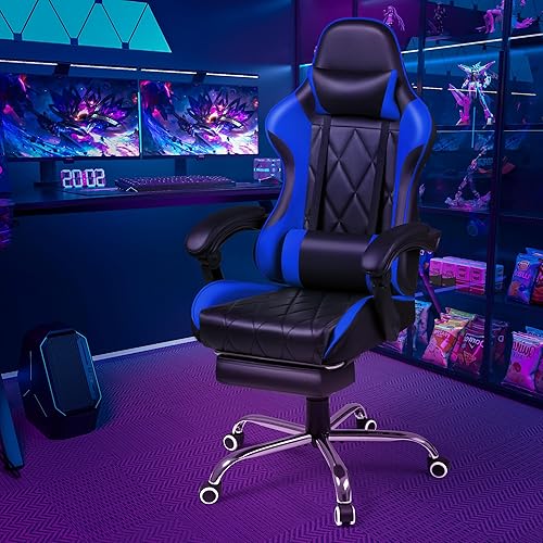 Miniatura 2 de Shahoo Silla de juegos con reposapiés y soporte lumbar de masaje, asiento ergonómico de computadora ajustable en altura con giro de 360° y