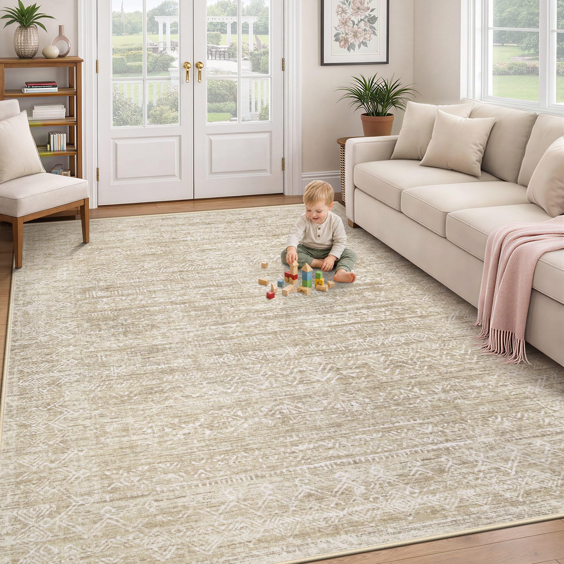 Photo 1 of ***SIMILAR PATTERN, VIEW ALL IMAGES*** Washable Rug 5x7 Area Rugs: Modern Geometric Rugs for Living Room Non Slip Soft Low Pile Moroccan Indoor Carpet for Bedroom Nursery Dining Room Home Office Children's Room (Beige, 5'x7')