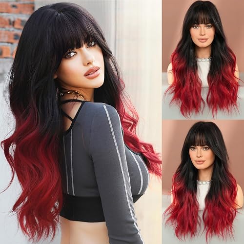 7JHH WIGS Long Wavy Wigs with Bangs 25in Black Ombre Red Synthetic Wig Heart Resiatant Wigs for Women Daily Party Cosplay Used - Black Ombre Red