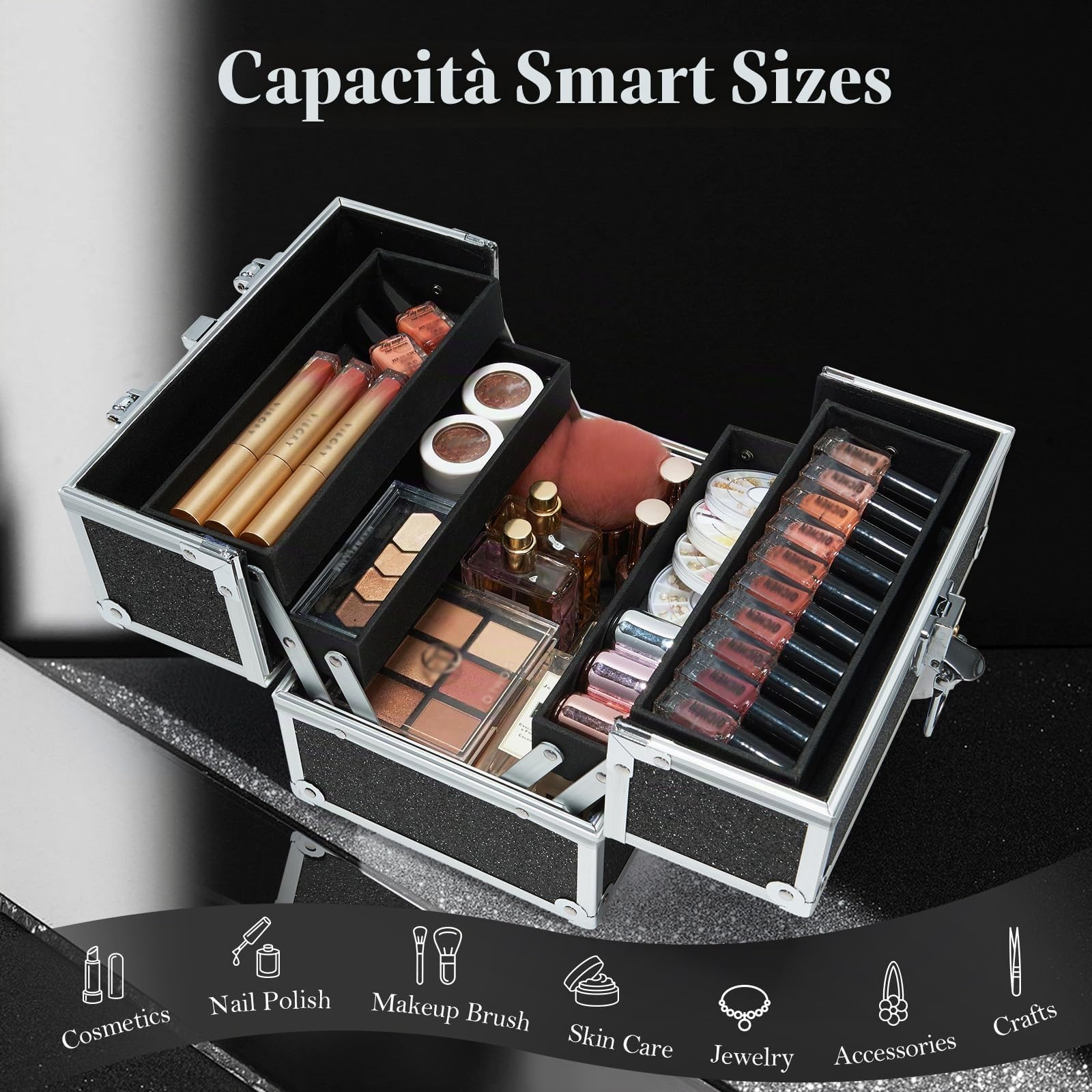 Valigetta Trucco Valigetta Cosmetici Vuota Beauty Case con serratura Valigetta Manicure Portagioielli Trousse Trucchi, Nero