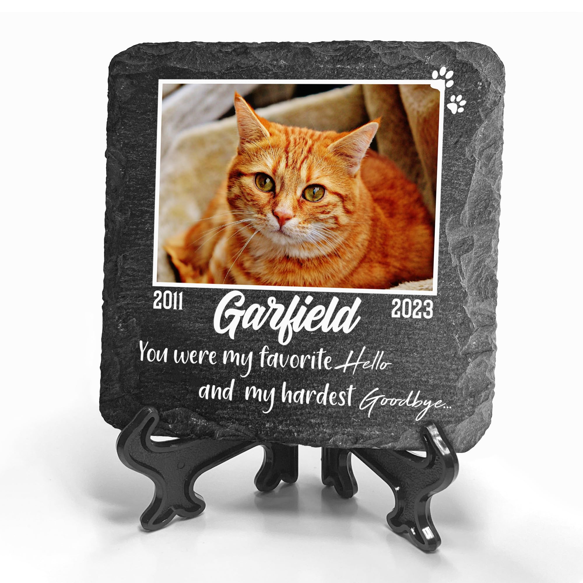 TULLUN Personalised Individual Dark Gray Memorial Small Plaque With Stand For Pet Cat Dog Slate Stone Frame Paw Grave Marker - Size | 3.98" x 3.98" or 100 x 100 mm | - Large Photo
