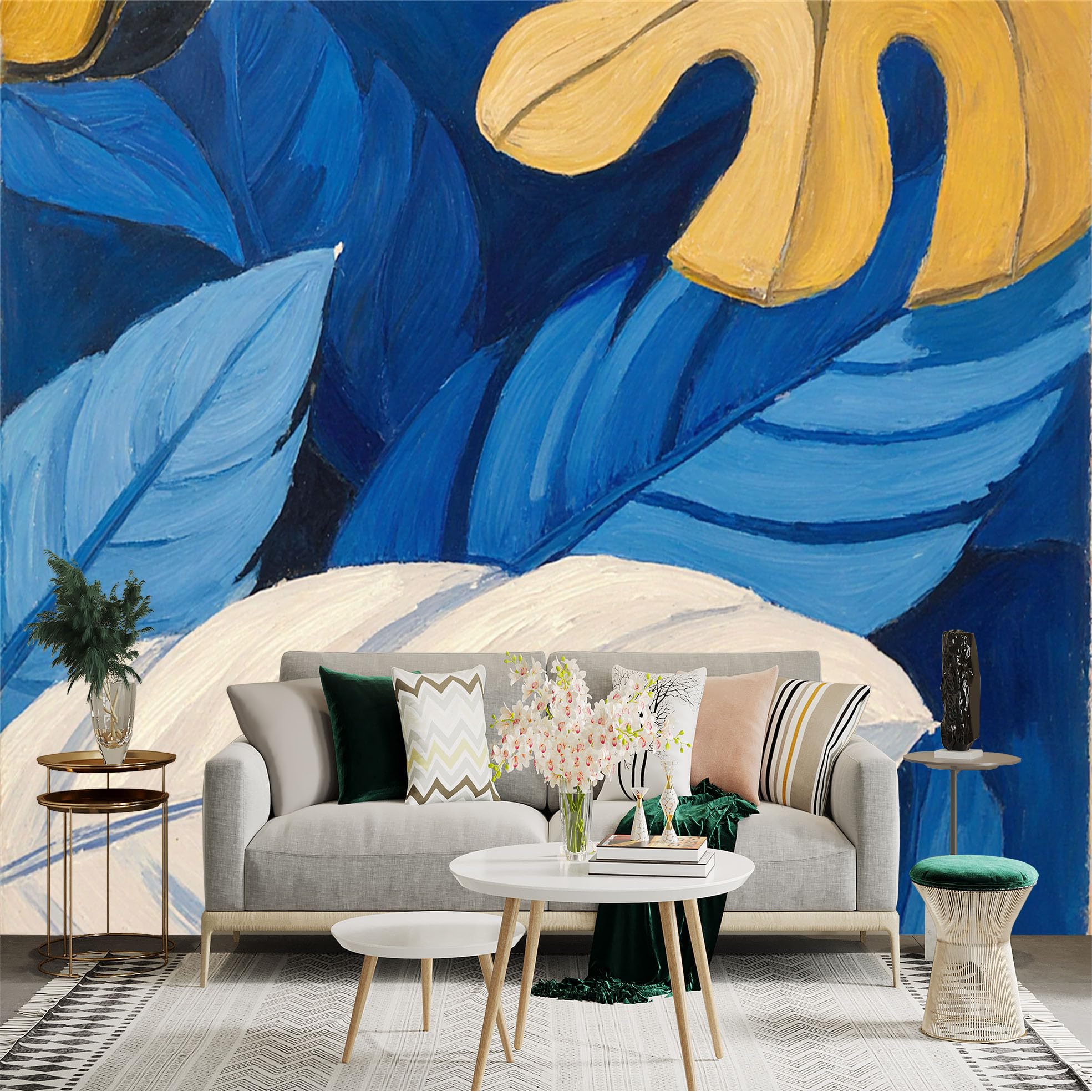 Custom Size Wall Sticker Mural， Abstract Tropical Leaves， Navy Blue and Gold Botanical Art， Modern Oil Painting Style， for wall Decoration， peelandstick wall Decals.