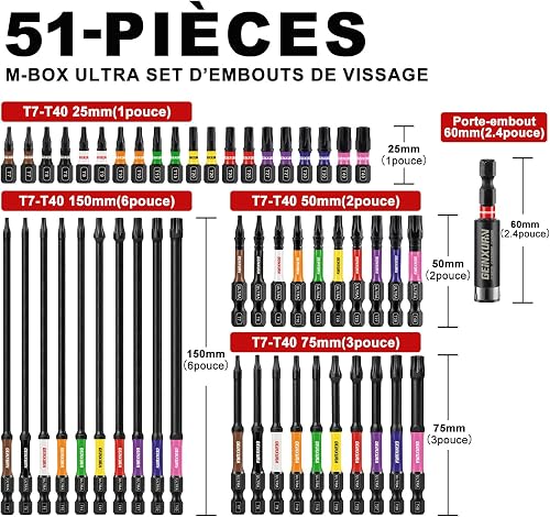 GEINXURN Set di punte per cacciavite Torx T7-T40, resistenti agli urti, magnetici da 25/50/75/150 mm, attacco esagonale da 1/4", set di punte per viti in acciaio in lega da 60 mm, con scatola di - 2