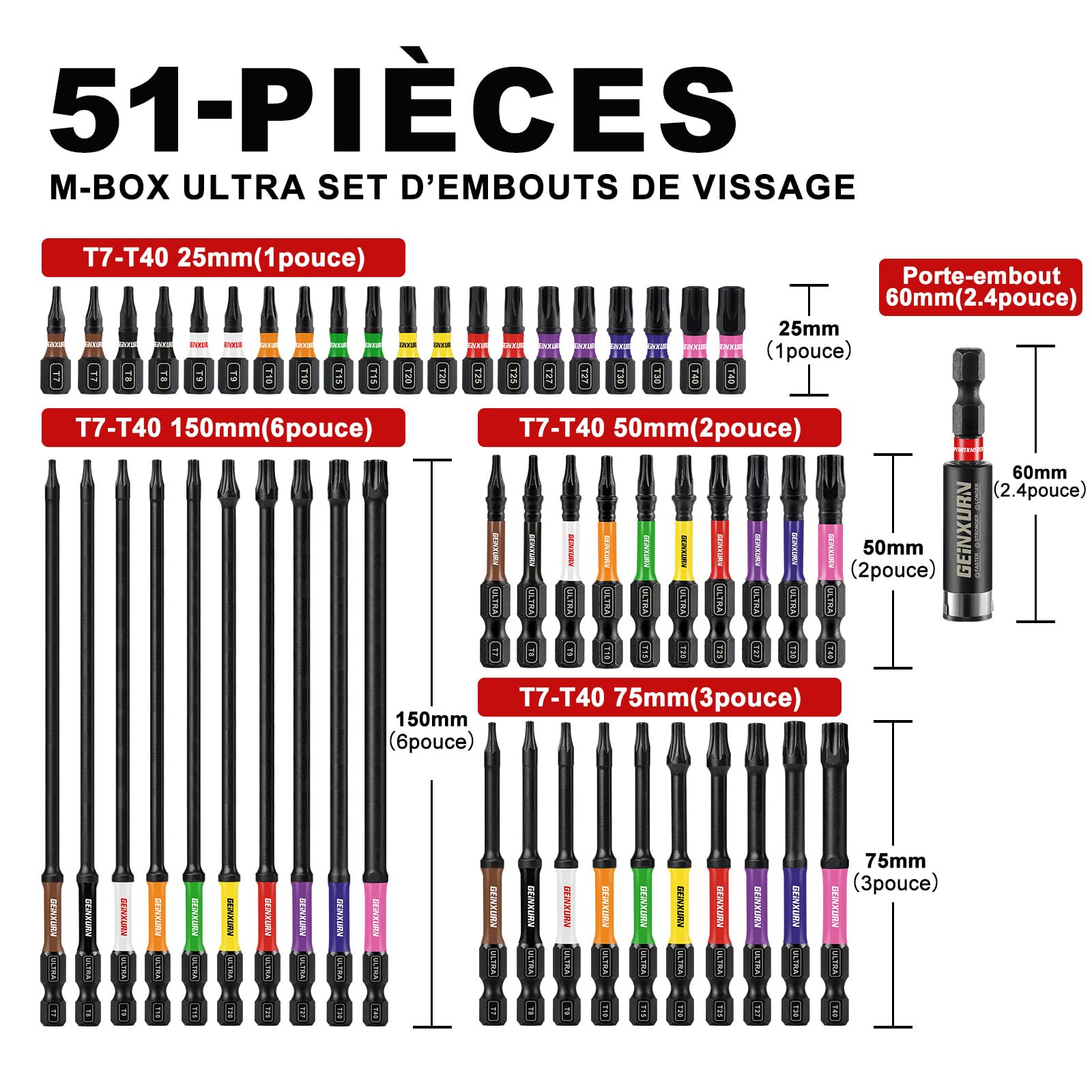 GEINXURN 51 Pièces Jeu d'embouts de Vissage Torx T7-T40 aux Chocs de 25/50/75/150 mm, Embout pour Tournevis en Acier S2 avec Porte-embouts Magnétiques de 75 mm Long et Boîte de Rangement