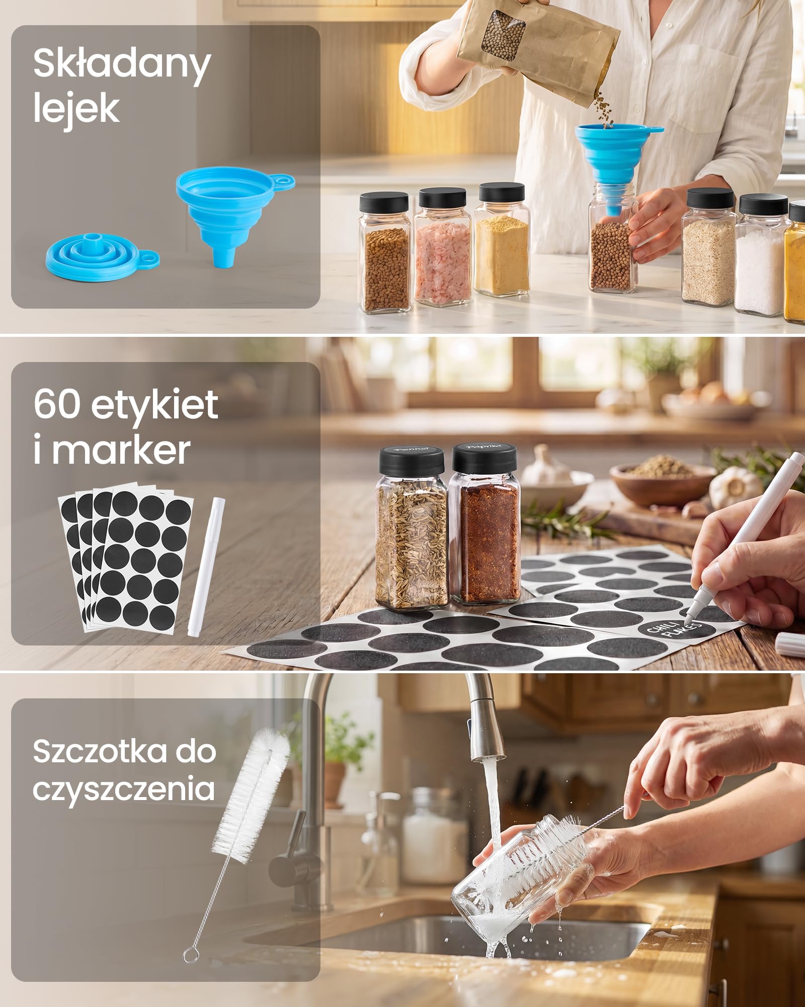 SONGMICS Stojak na przyprawy, 3 poziomy, 24 słoiki na przyprawy, organizer na przyprawy, organizer do szafki kuchennej, stojak na przyprawy z etykietami, lejek, marker i pędzel