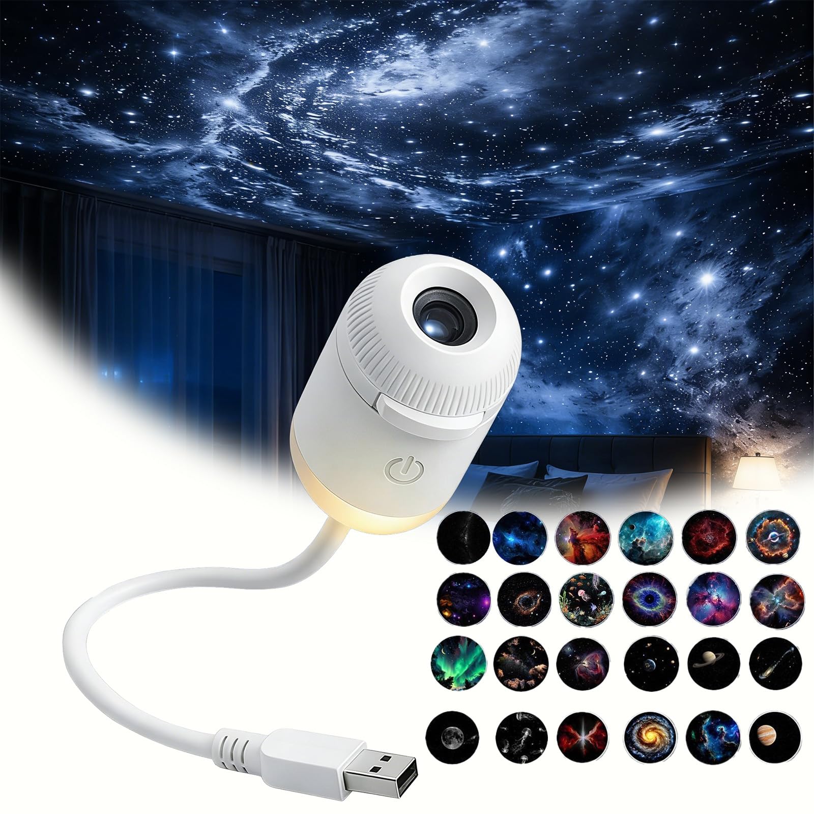 Galaxy Projector Plafond Veilleuse, Projecteur USB avec Plusieurs Diapositives de Projection, Mini Veilleuse LED Lampe Murale, Lampe Projecteur LED Portable pour Chambre à Coucher (24 Films)