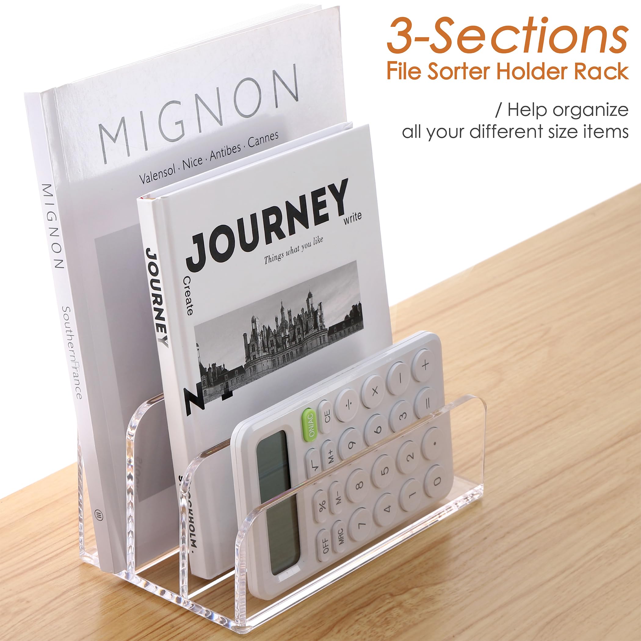 SANRUI 3 Compartments Mail Organizer Letter Holder for Desk ,Vertical Letter Holder,File Sorter Acrylic Desk Organizer Office Supplies,Clear - Image 2