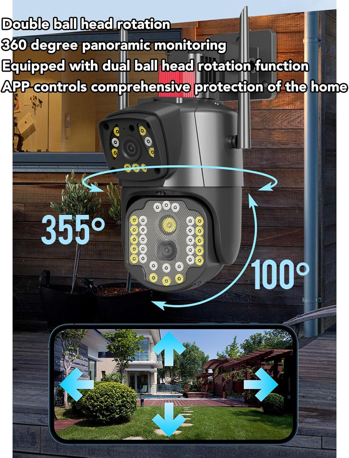 Outdoor Dual Lens Security Camera, 360 Degree Rotating 1080P Waterproof Outdoor Security Camera for Fish Pond for Store (US Plug)