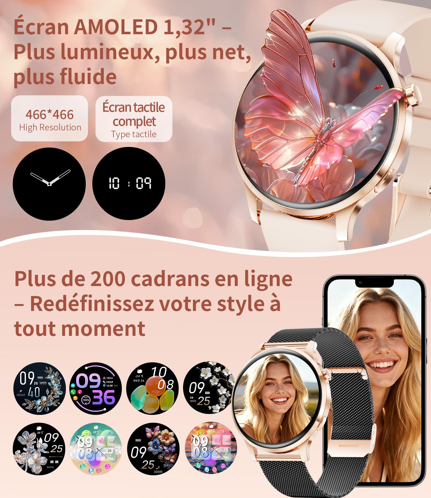 Montre Connectée Femme, Écran AMOLED 1,32" Ultra-fin Elégante Montre Femmes avec 2 Bracelets & 2 Câbles, 116 Modes Sport, Suivi du Cycle/Fréquence Cardiaque/Sommeil pour Android iOS, IP68, FV23-G