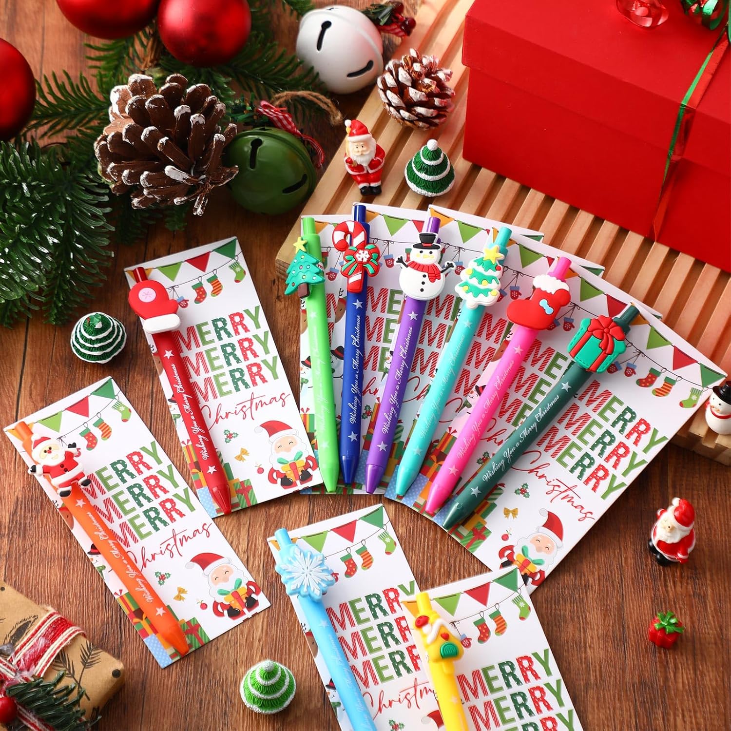 Sayglossy 100 Pcs Christmas Bulk Gift Cartoon Christmas Pens Xmas Ballpoint Pens with Greeting Card Merry Card Creative Novelty Pen for Xmas Party Gift School Office Supplies