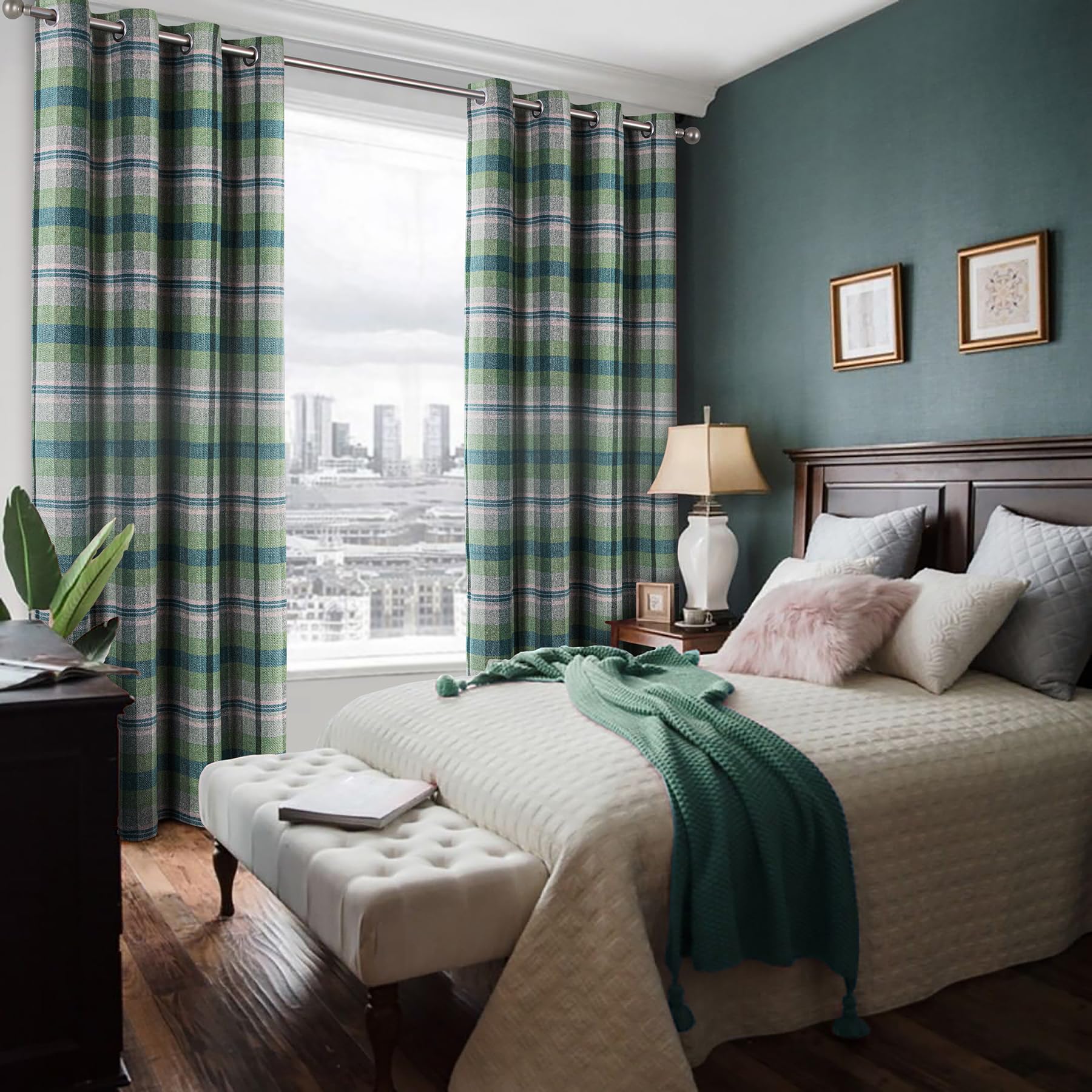 always4u 100% Blackout Tartan Curtains Highland Check Eyelet Curtain Woolen Look Plaid Brushed Cheque Pair of Window Treatment for Bedroom Living Room Green 90 * 90 Inches