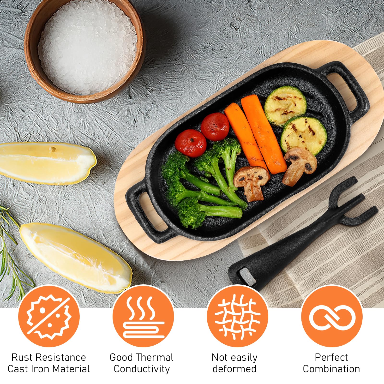4er Set Gusseisen Fajita Pfannen, 22 x 11 cm Kleine Sizzler Steakplatten mit Holzunterlage & abnehmbaren Griff, Mini Gusseisenpfanne Servierpfanne für Küche, Restaurant, BBQ & Party
