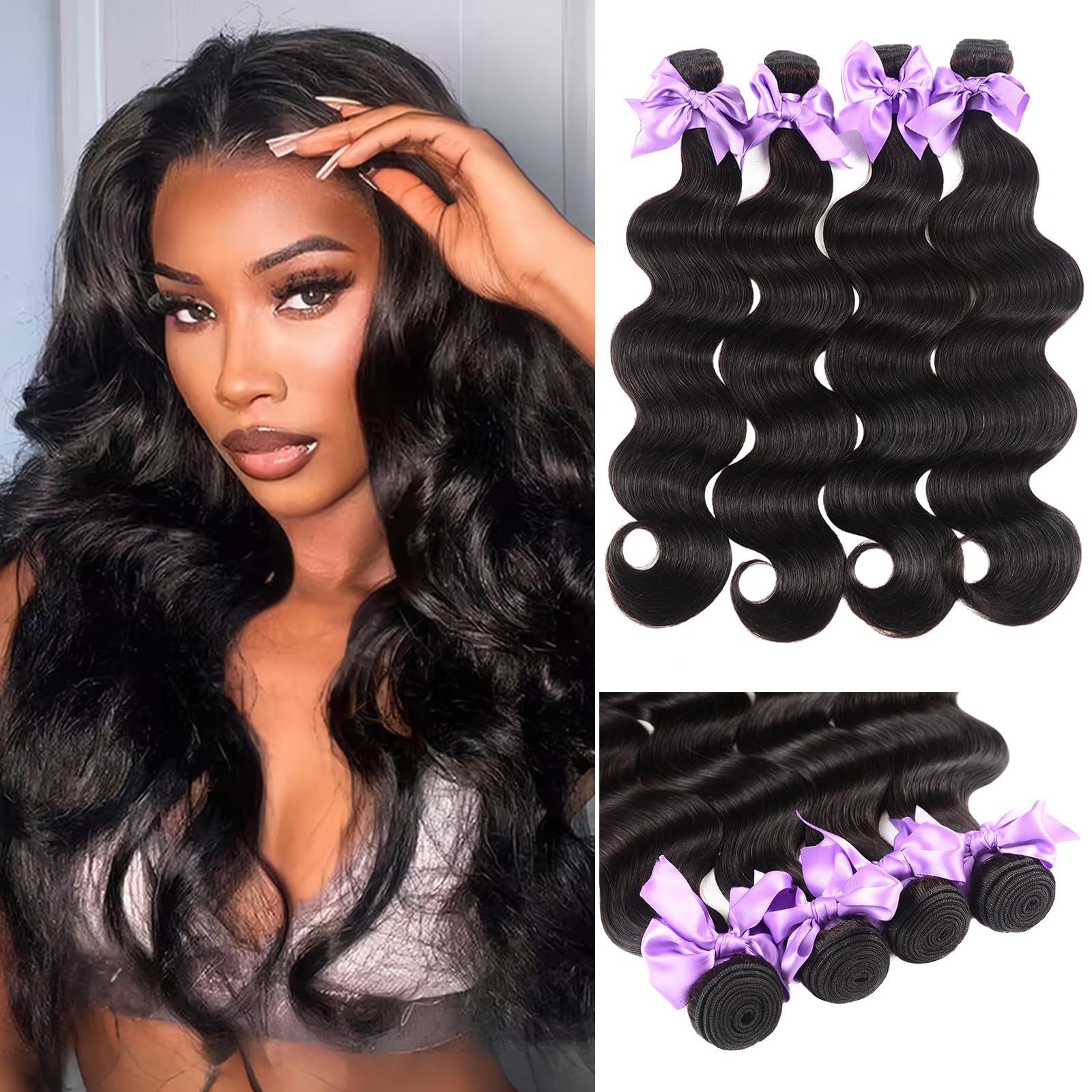 Body Wave Bundles Human Hair Bundles 10A 100% Unprocessed Brazilian Virgin Hair Weave Bundles Real Human Hair Natural Black Color for Women(18 20 22 24)
