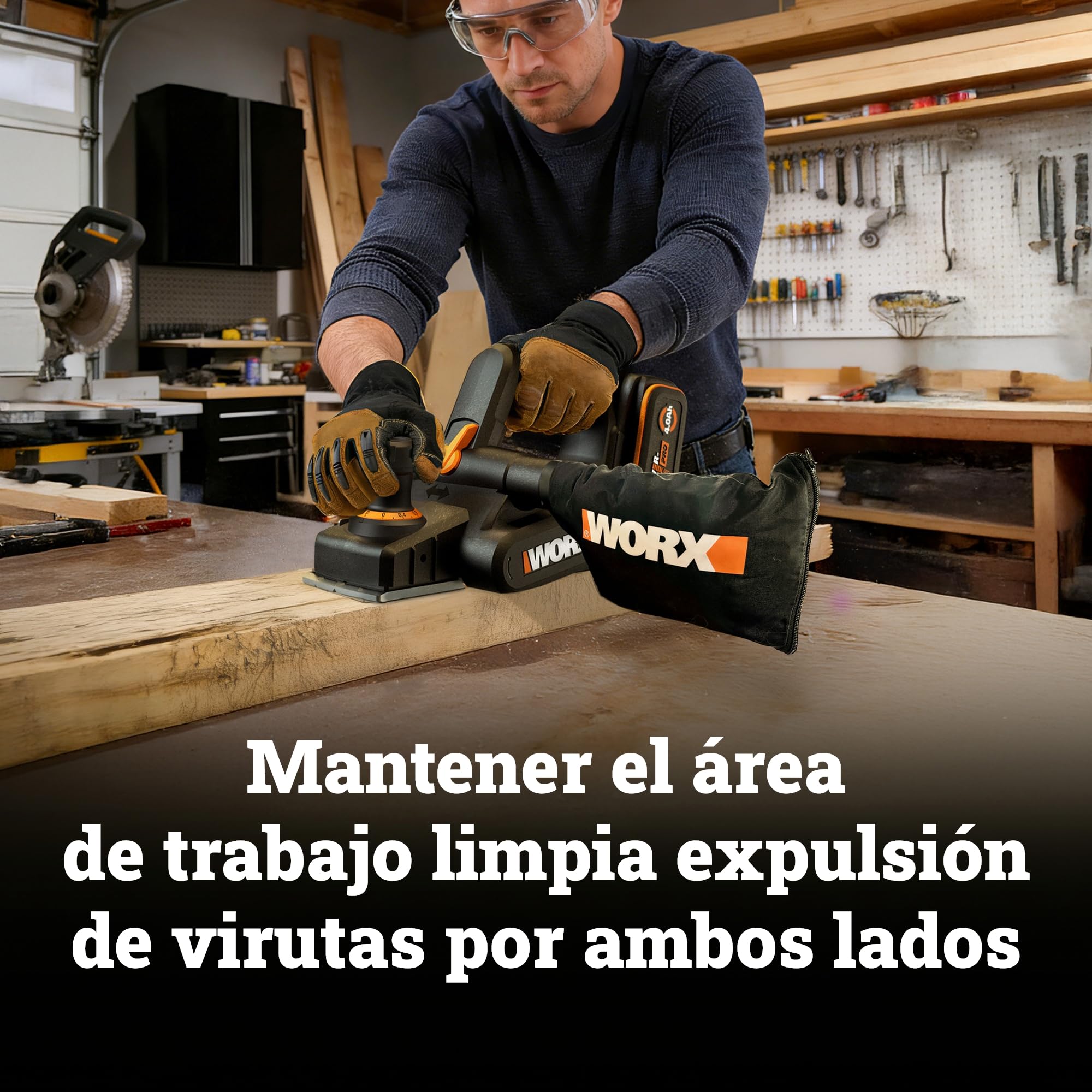 WORX WX620.9 Cepillo Eléctrico Brushless 20V 82mm, sin Batería | Profundidad 2mm, rebaje 8mm, 15.000 rpm, placa aluminio, ranuras V bisel, expulsión virutas ambos lados, PowerShare