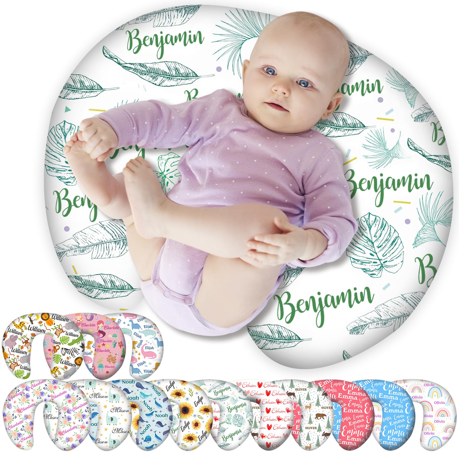 Personalised Nursing Pillow Cover Custom Baby Pillow Case with Name for Girl Boy Newborn Breastfeeding Pillow Leaves