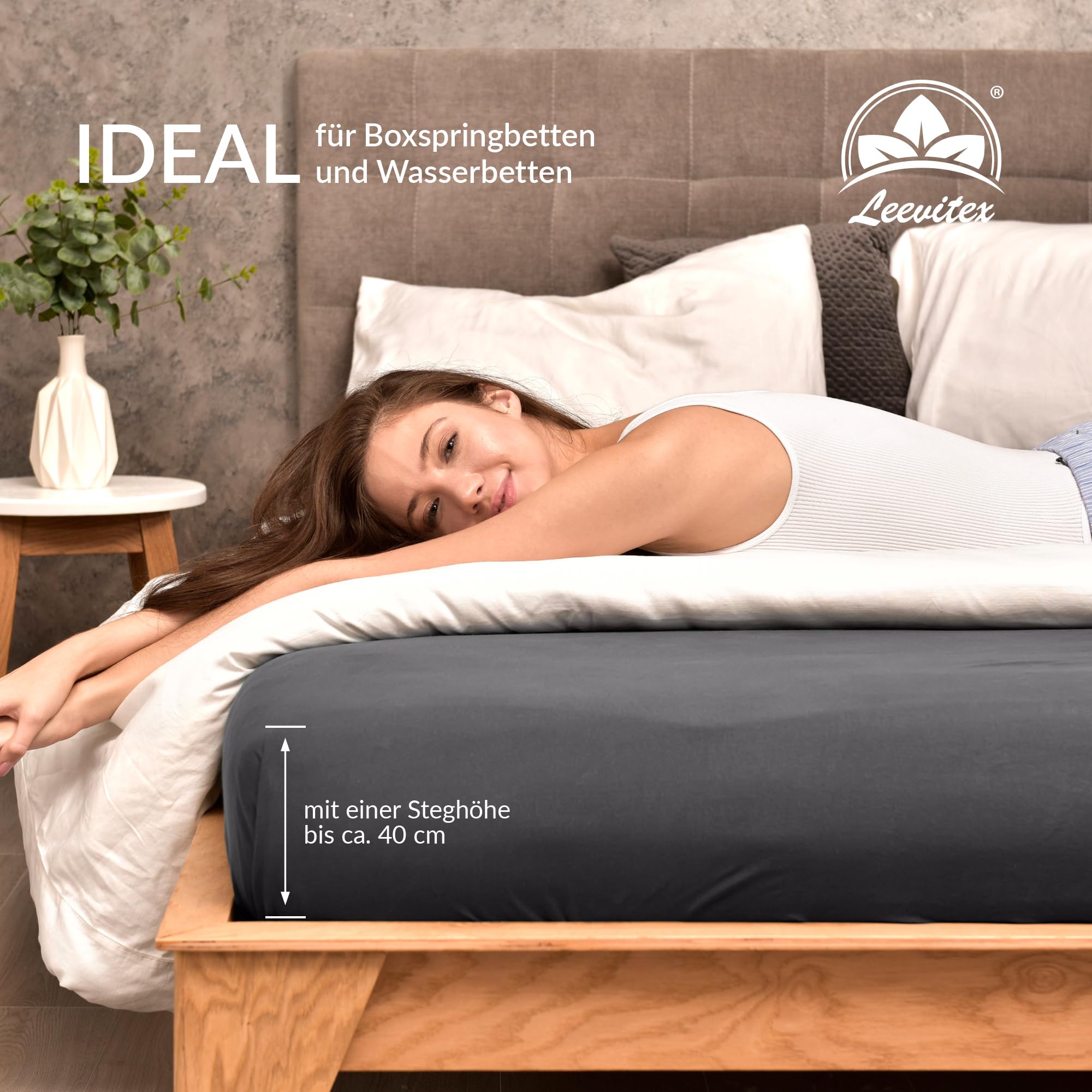 leevitex® Luxus Elasthan Jersey Spannbettlaken | 180x200 – 200x220 cm | Multistretch | 250 g/m² | 92% Mako-Baumwolle 8% Elasthan | 40cm Steghöhe | außergewöhnlich hochwertige Ausführung | Anthrazit
