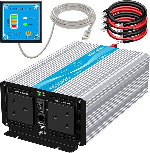 CARRYBATT 3000W Pure Sine Wave Power Inverter DC 12V to AC 240V Converter With Remote Control, dual AC outlets,Dual cooling fans &1 USB Port for RV Truck Car